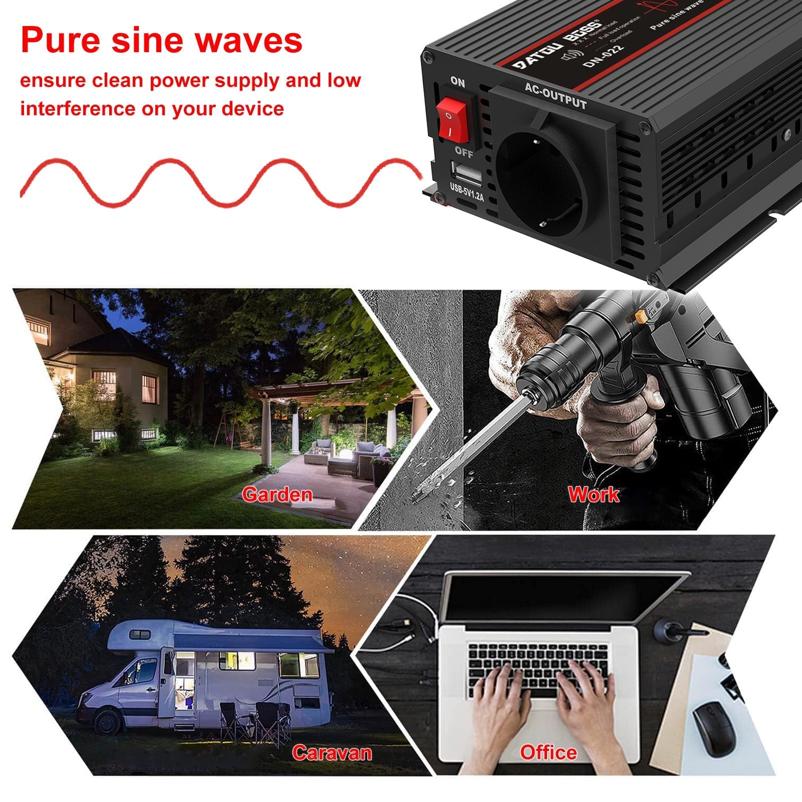 DATOUBOSS 1500W Pure Sine Wave Inverter, 3000W peak power. EU sockets, USB ports, and LED display for house, cars, trucks.