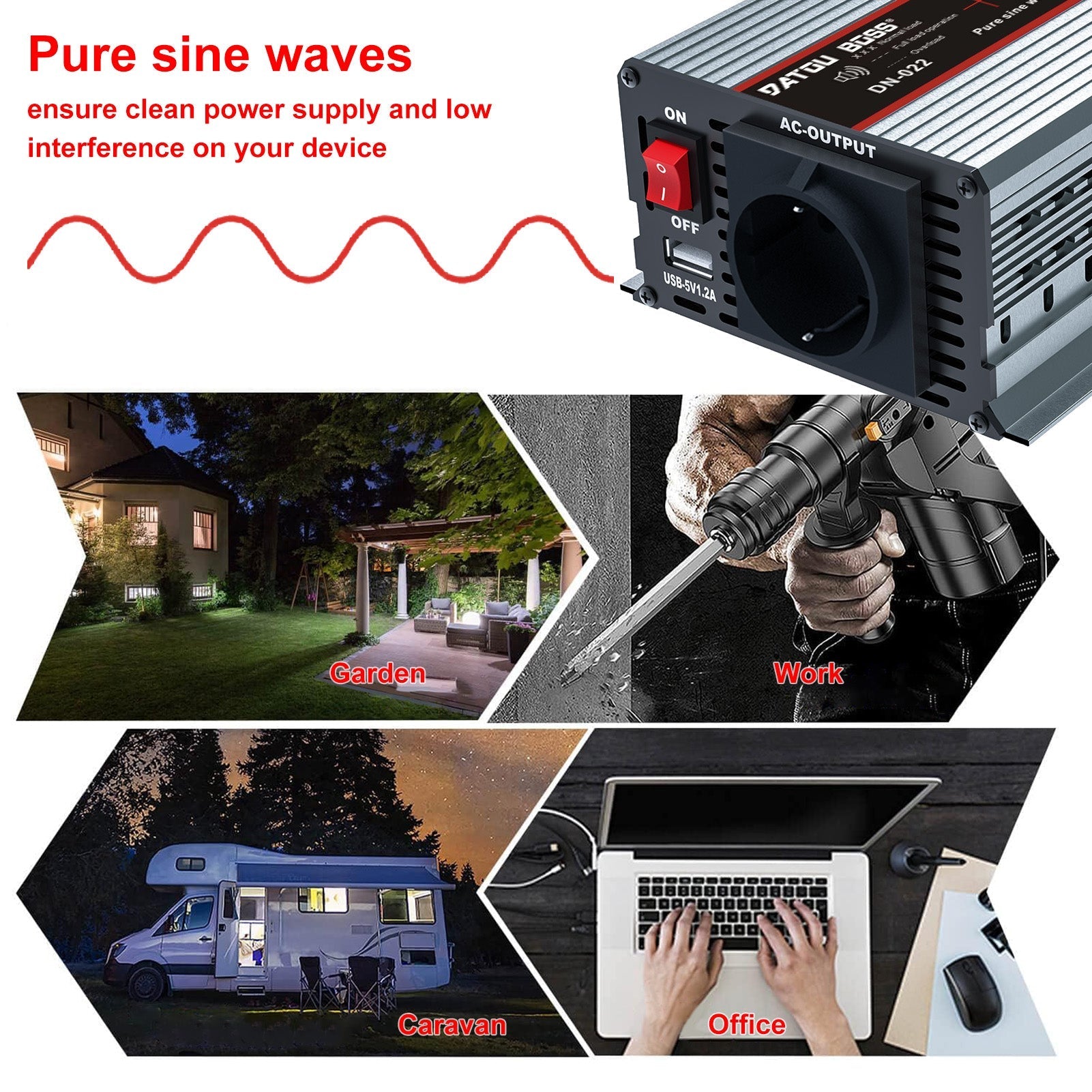DATOUBOSS 1500W Pure Sine Wave Inverter with 3000W peak power. EU sockets, USB ports, LED display, for home car and truck etc