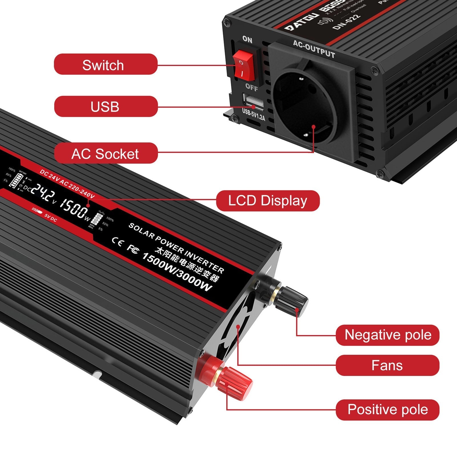 DATOUBOSS 1500W Pure Sine Wave Inverter, 3000W peak power. EU sockets, USB ports, and LED display for house, cars, trucks.
