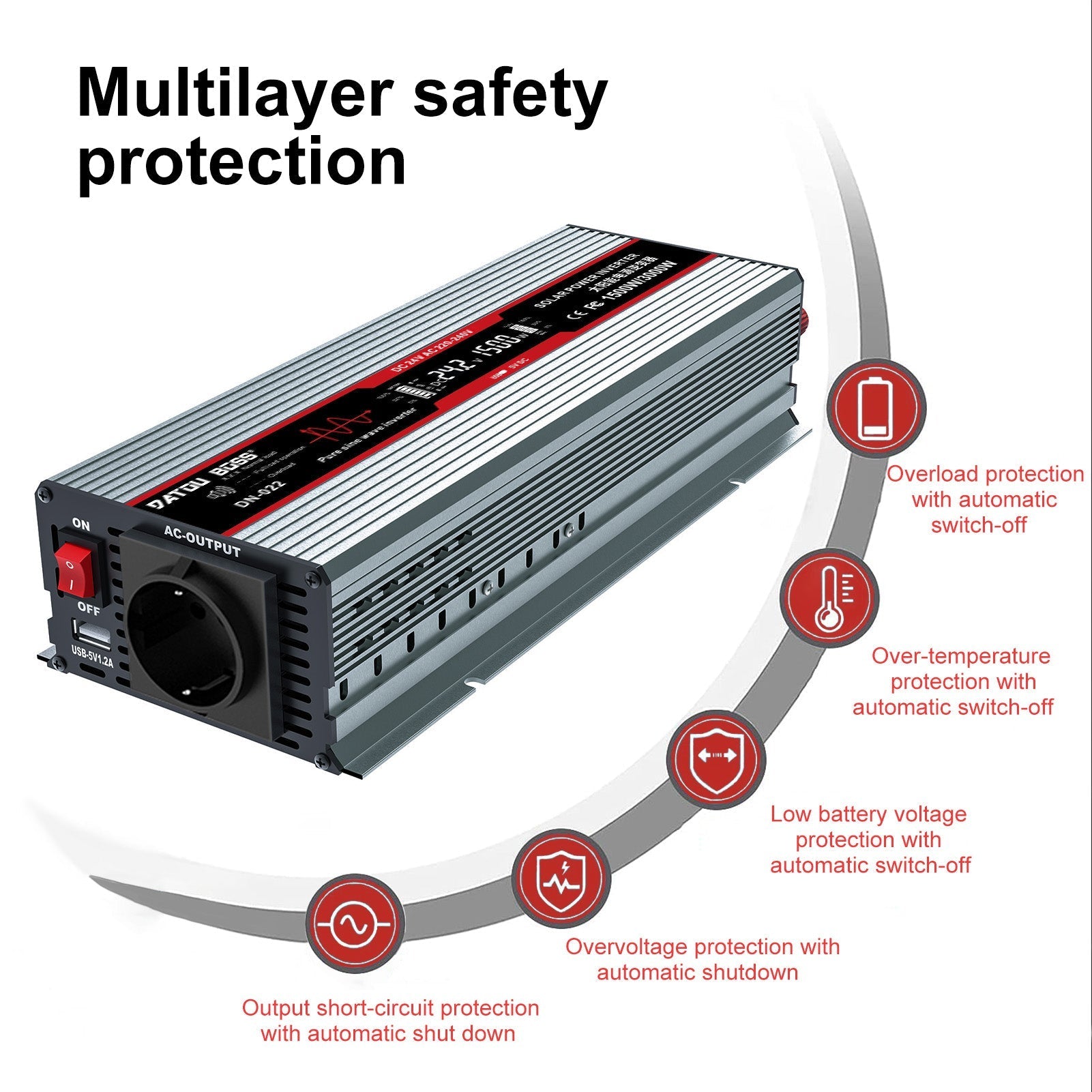 DATOUBOSS 1500W Pure Sine Wave Inverter with 3000W peak power. EU sockets, USB ports, LED display, for home car and truck etc