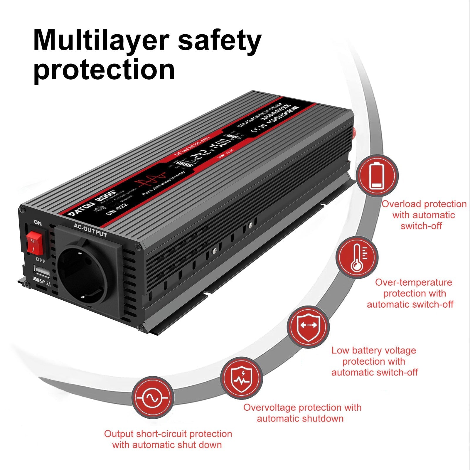 DATOUBOSS 1500W Pure Sine Wave Inverter, 3000W peak power. EU sockets, USB ports, and LED display for house, cars, trucks.
