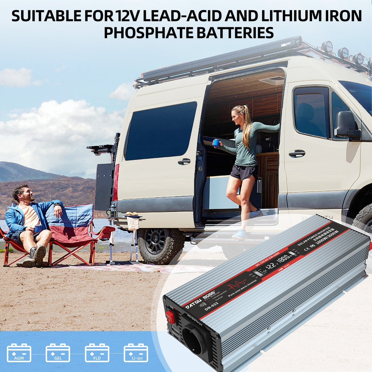 DATOUBOSS 1800W Pure Sine Wave Inverter, 12V to 230V AC Car Power Converter, Peak Power 3600W with EU Sockets, USB Ports and LED Display for Household Appliances, Car, Caravan, Truck - Xdatou