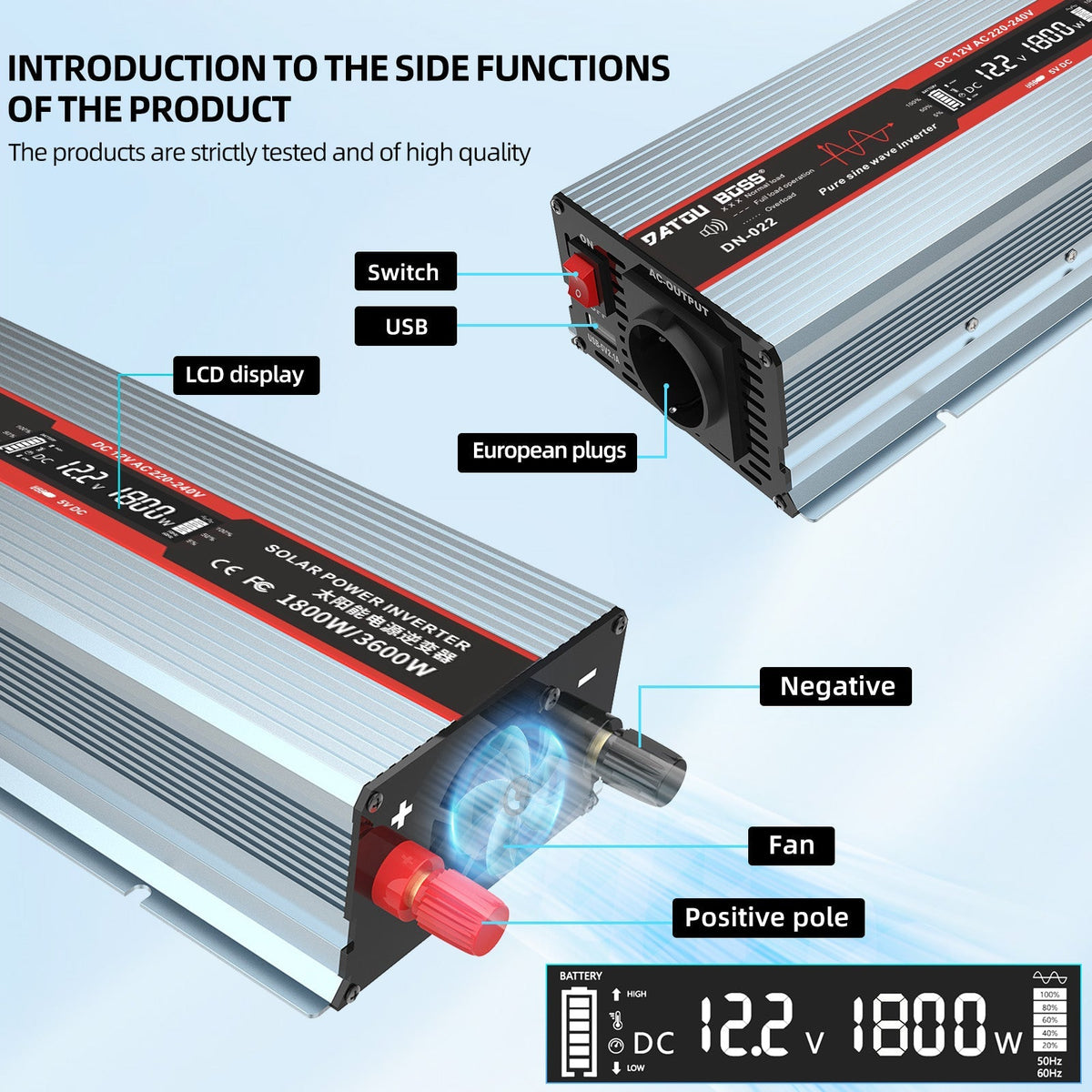 DATOUBOSS 1800W Pure Sine Wave Inverter, 12V to 230V AC Car Power Converter, Peak Power 3600W with EU Sockets, USB Ports and LED Display for Household Appliances, Car, Caravan, Truck - Xdatou