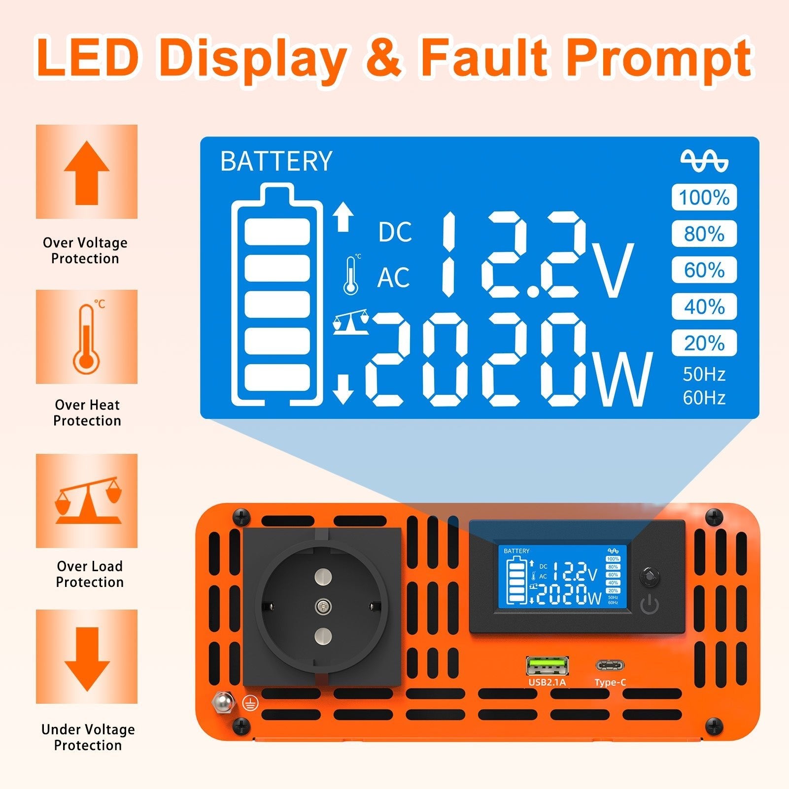 DATOUBOSS 2000W Pure Sine Wave Inverter,4000W peak power. EU socket, screen, Type-C USB port, for home car RV and appliances.