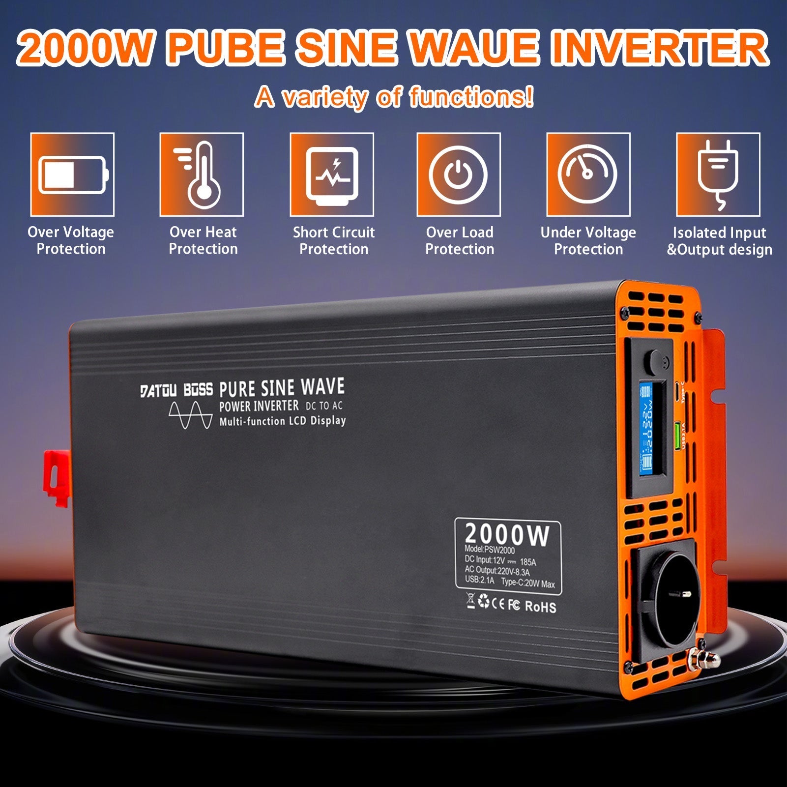 DATOUBOSS 2000W Pure Sine Wave Inverter,4000W peak power. EU socket, screen, Type-C USB port, for home car RV and appliances.