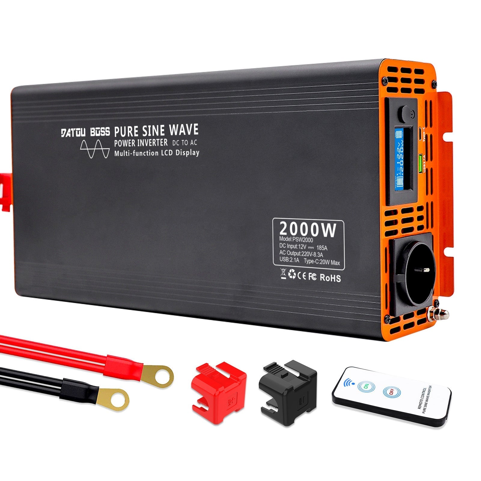 DATOUBOSS 2000W Pure Sine Wave Inverter,4000W peak power. EU socket, screen, Type-C USB port, for home car RV and appliances. Main image