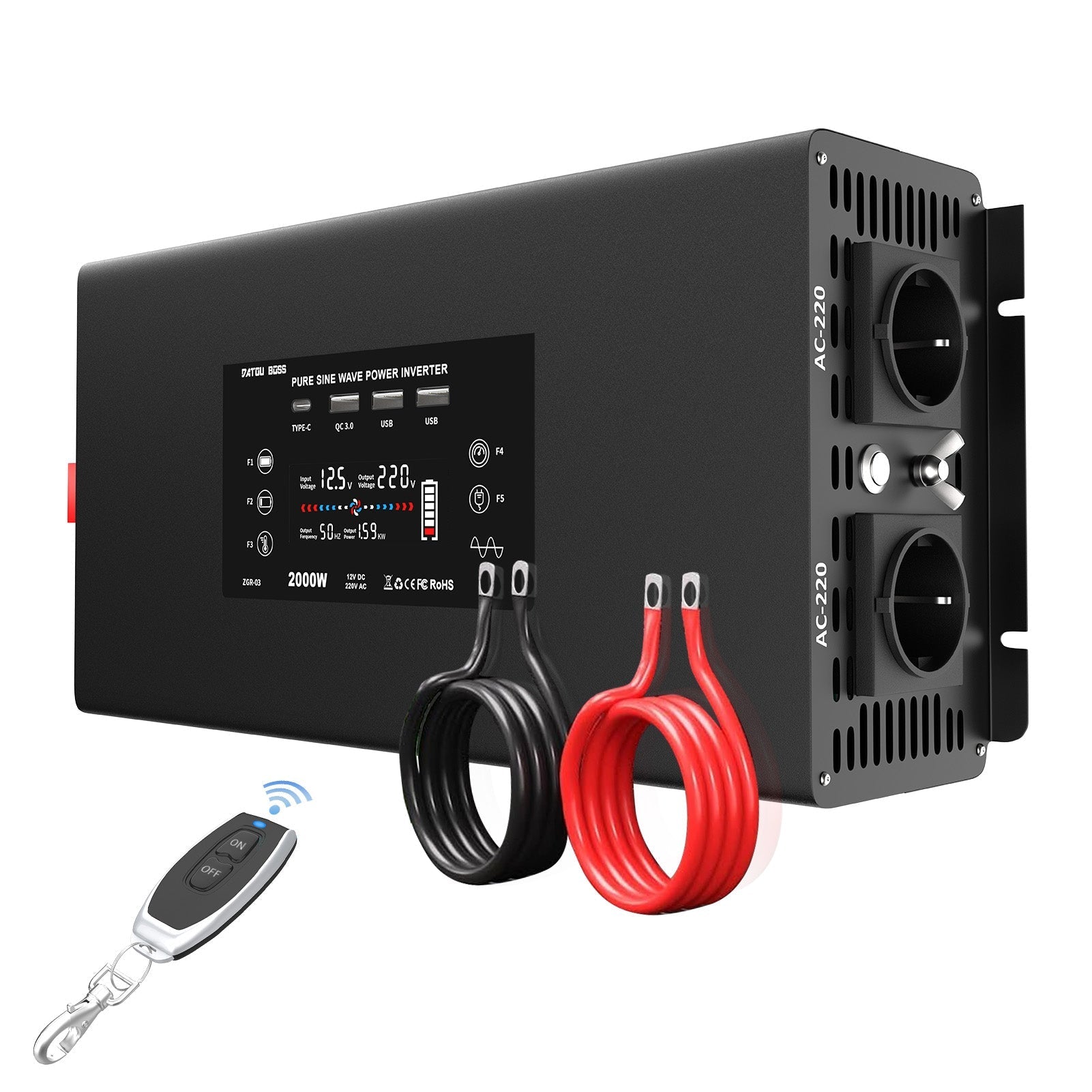 DATOUBOSS 2000W Pure Sine Wave Inverter, 12V to 230V, Peak Power 4000W, with remote control for Car home RV outdoor etc