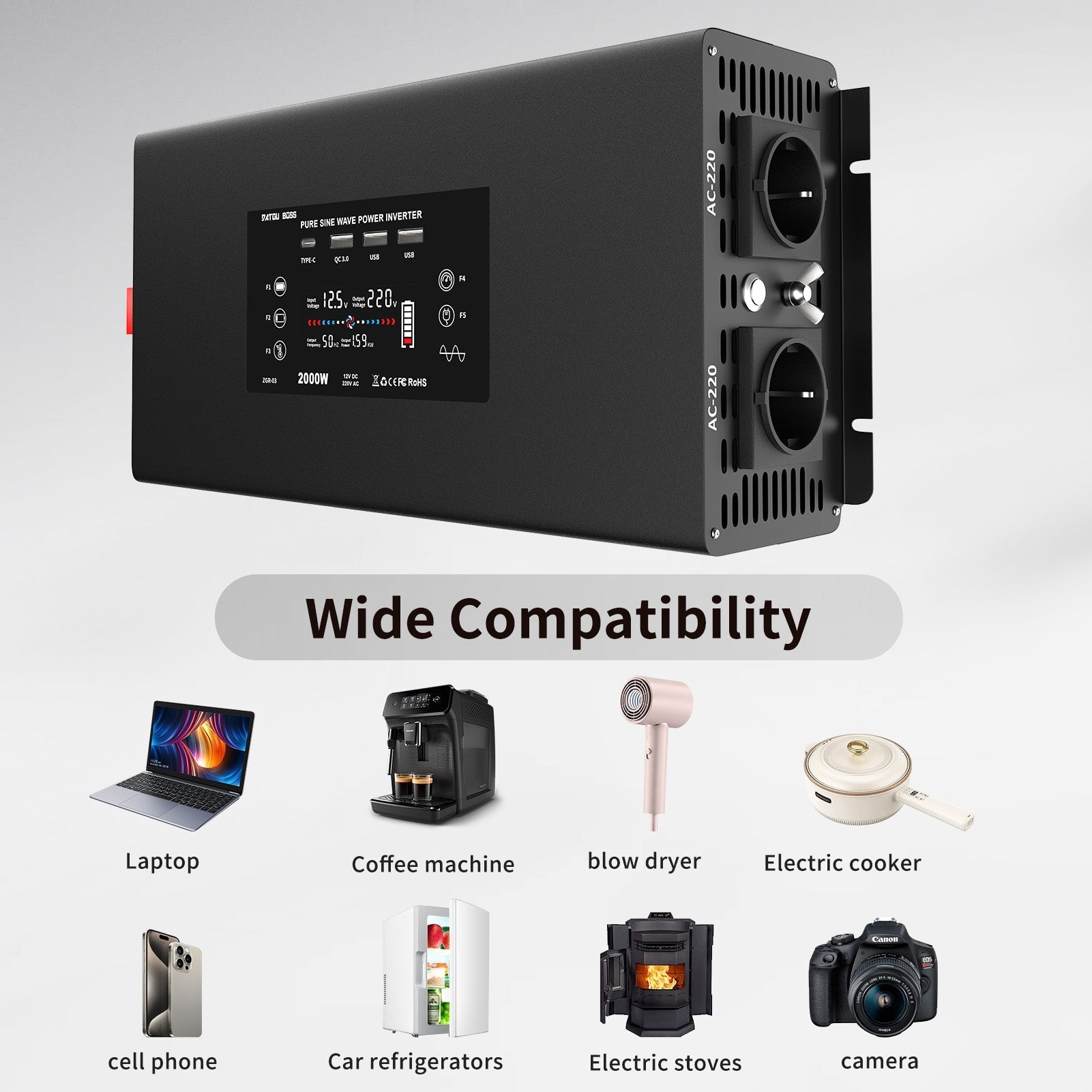 DATOUBOSS 2000W Pure Sine Wave Inverter, 12V to 230V, Peak Power 4000W, with remote control for Car home RV outdoor etc