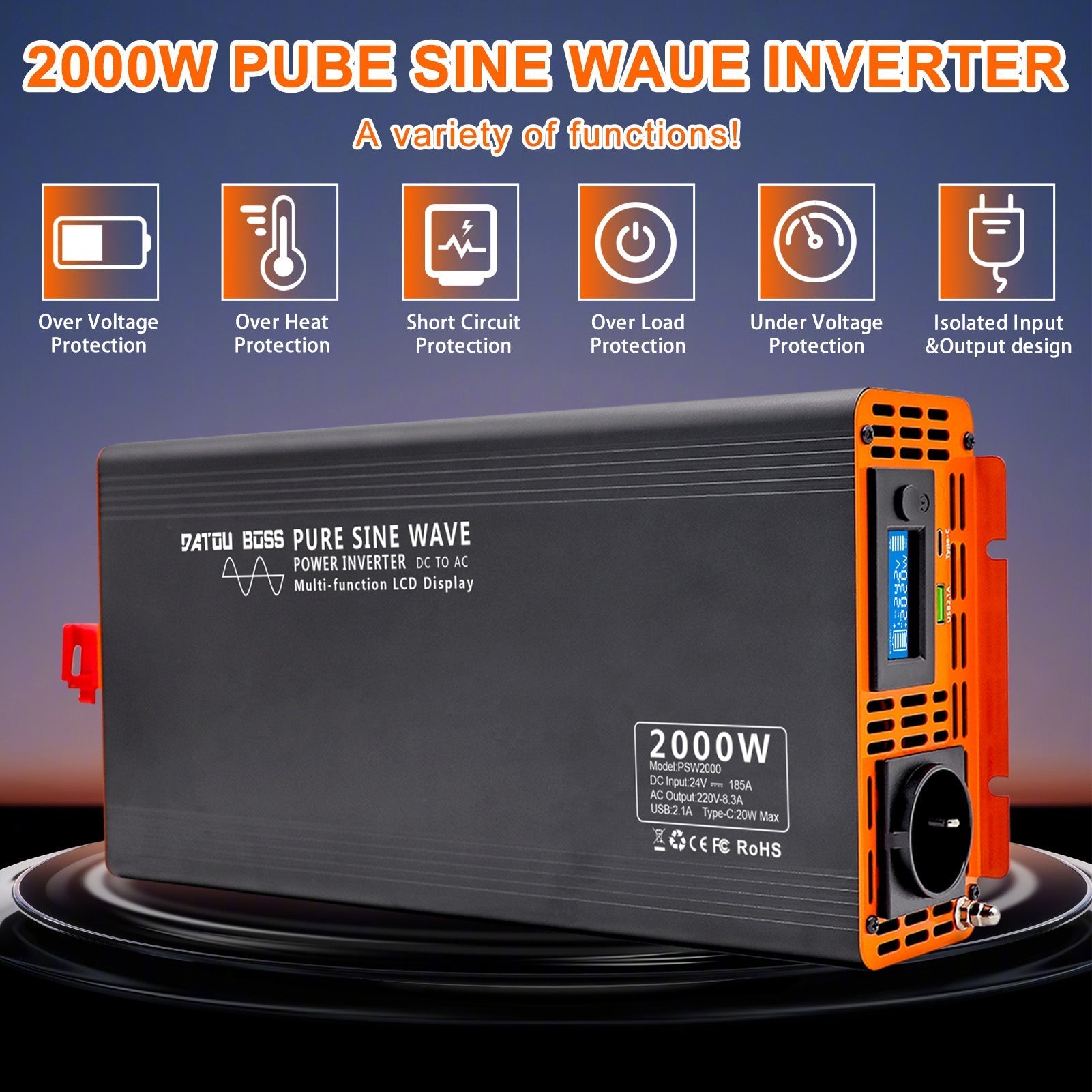 DATOUBOSS 2000W Pure Sine Wave Inverter, 24V to 230V, Peak Power 4000W, with Screen Type C and USB Port for RV Car Home etc