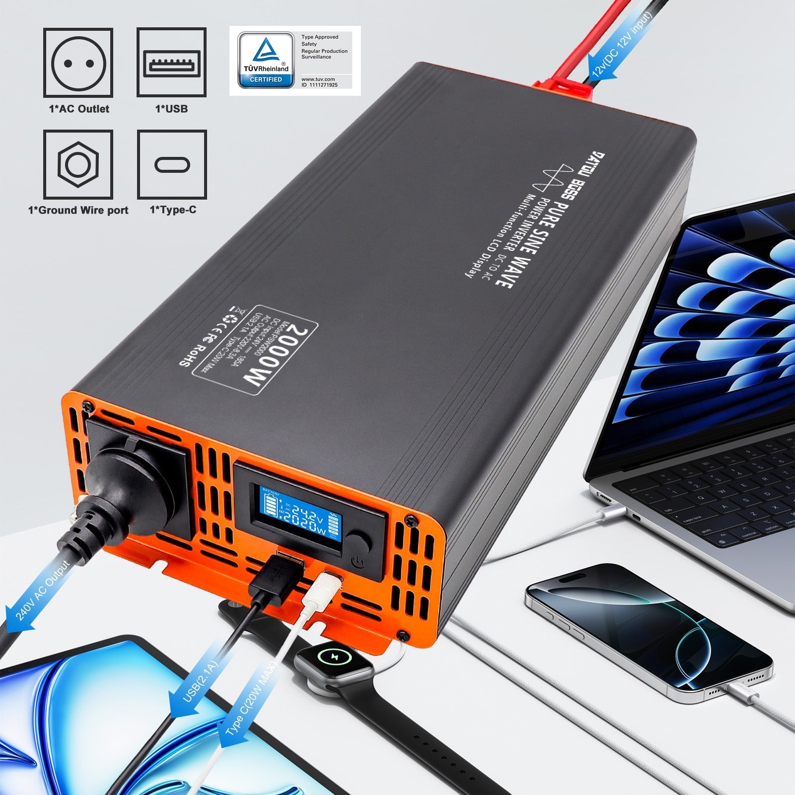 DATOUBOSS 2000W Pure Sine Wave Inverter, 24V to 230V, 4000W Peak Power, for House, Car, Truck RV Etc Secondary image