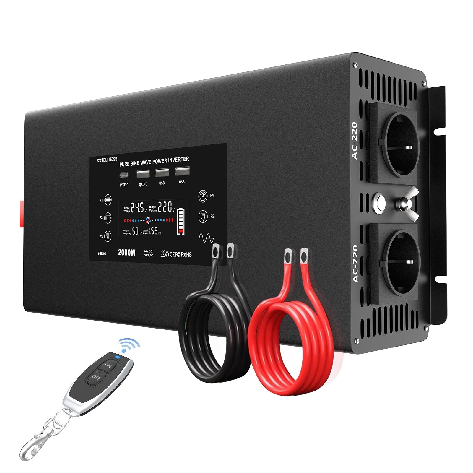 DATOUBOSS 2000W Pure Sine Wave Inverter, 24V to 230V, Peak Power 4000W, Remote Control, for RV home car and motorhome etc