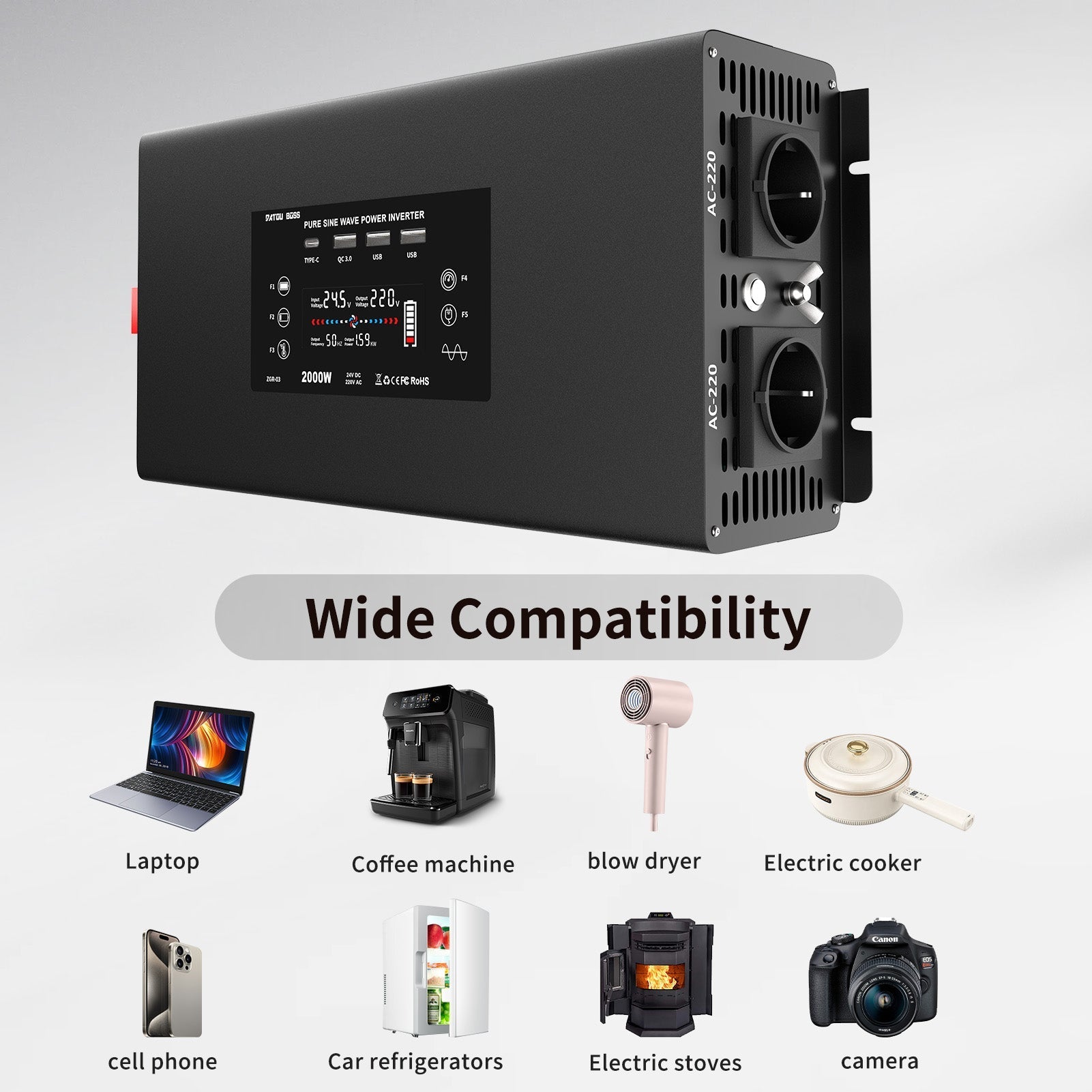 DATOUBOSS 2000W Pure Sine Wave Inverter, 24V to 230V, Peak Power 4000W, with Multiple output ports, for RV home car etc