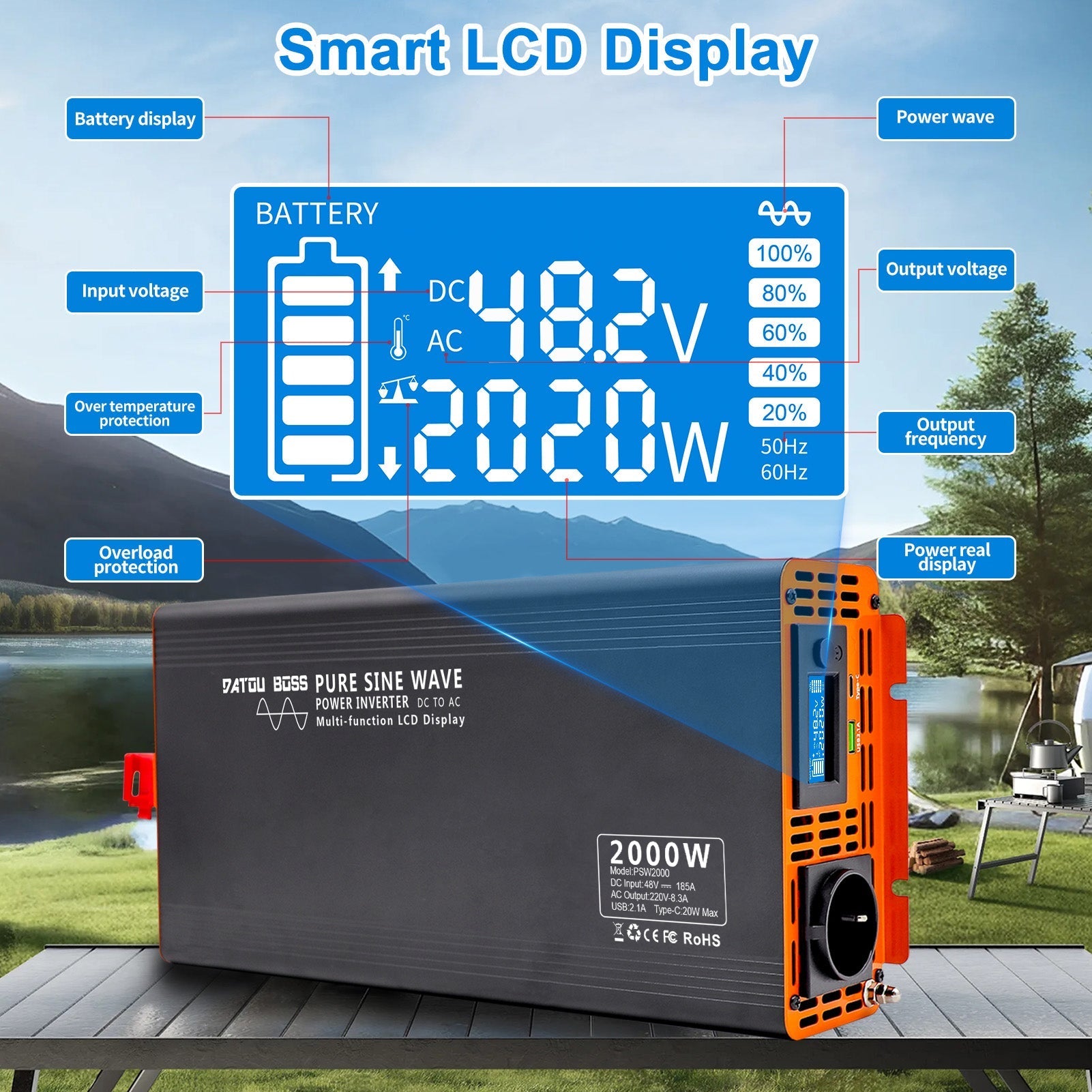 DATOUBOSS 2000W Pure Sine Wave Inverter, 48V to 230V, Peak Power 4000W, with LCD Screen, for House Motor Car Truck Off-grid