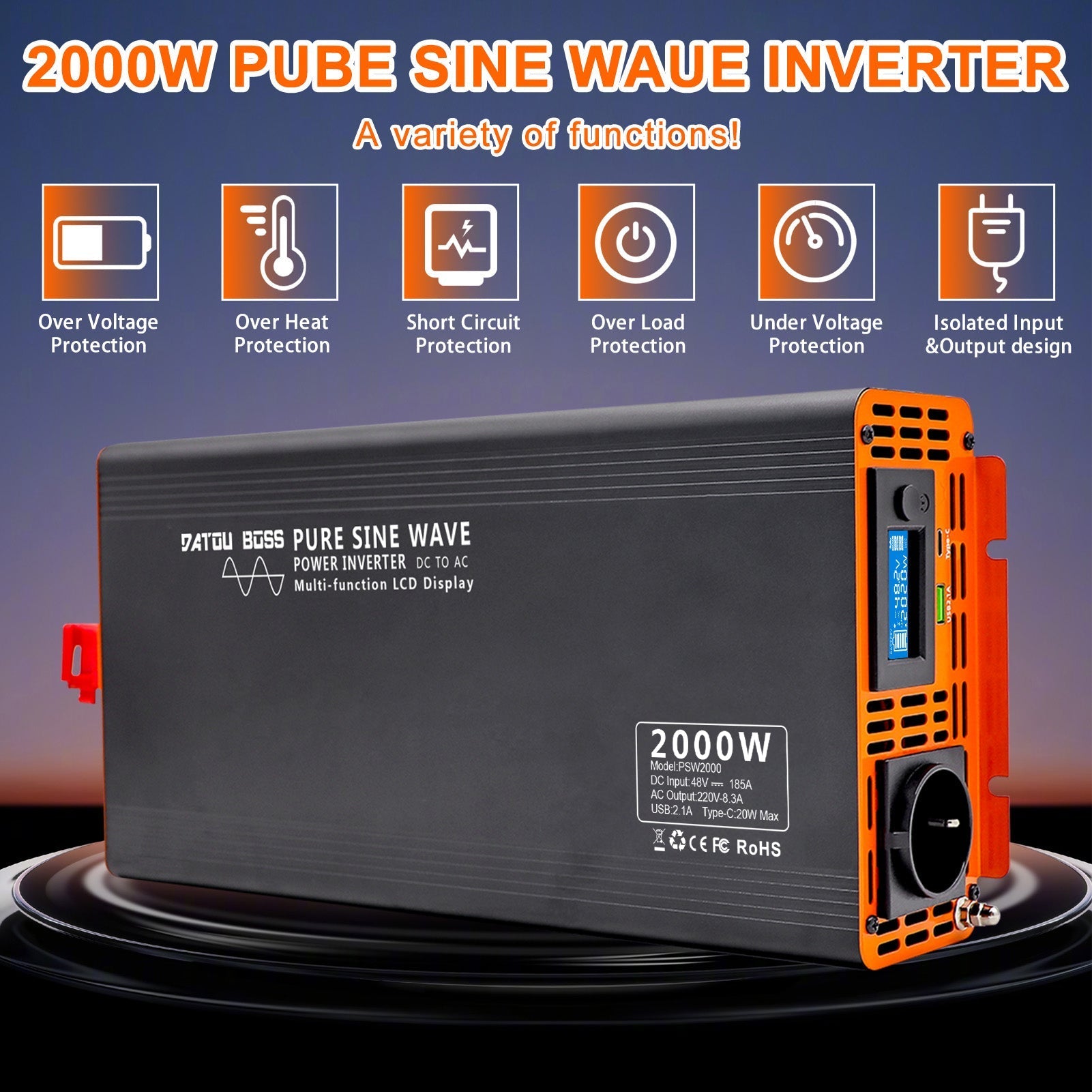DATOUBOSS 2000W Pure Sine Wave Inverter, 48V to 230V, Peak Power 4000W, with LCD Screen, for House Motor Car Truck Off-grid