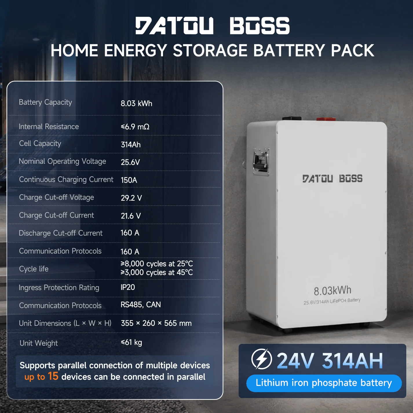DATOUBOSS 24V 314Ah LiFePO4 Battery, 8kWh Solar Energy Storage System with 210A BMS, Metal Case with Wheels for Home Energy Storage, Solar, RV & Off-Grid Backup Power - Xdatou | Rechargeable Lifepo4 Batteries Voltage Converters Inverter