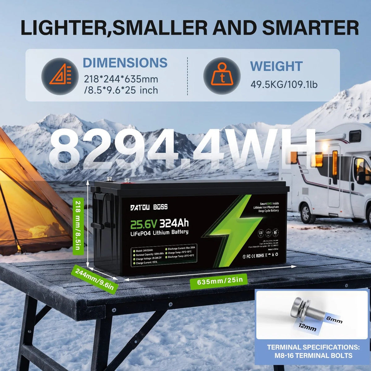 DATOUBOSS 24V 324Ah LiFePO4 Battery | 200A Smart BMS | Bluetooth & Low-Temp Protection | 15000 Cycles for RV, Solar - Xdatou