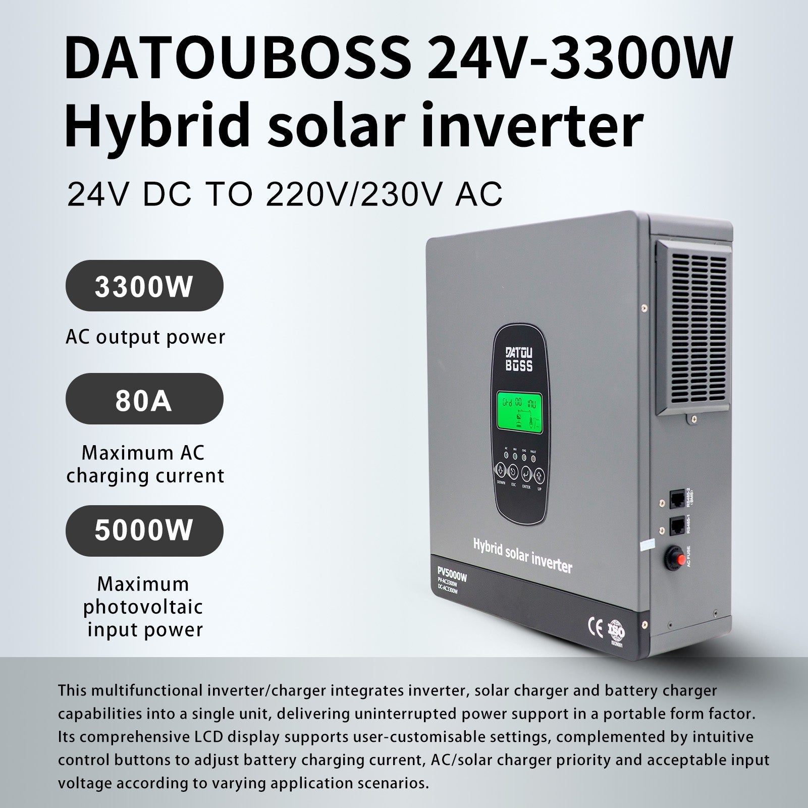 DATOUBOSS 24V 3.3kW 2.56kWh Solar Home Storage Backup Off Grid Kit 100Ah LiFePO4 (2x12V100Ah) + 3300W Hybrid Inverter 150A MPPT Pure Sine Wave, On Grid, 24V DC to 220/230V AC, BMS Protection System, for RV Solar Home System - Xdatou | Rechargeable Lifepo4 Batteries Voltage Converters Inverter