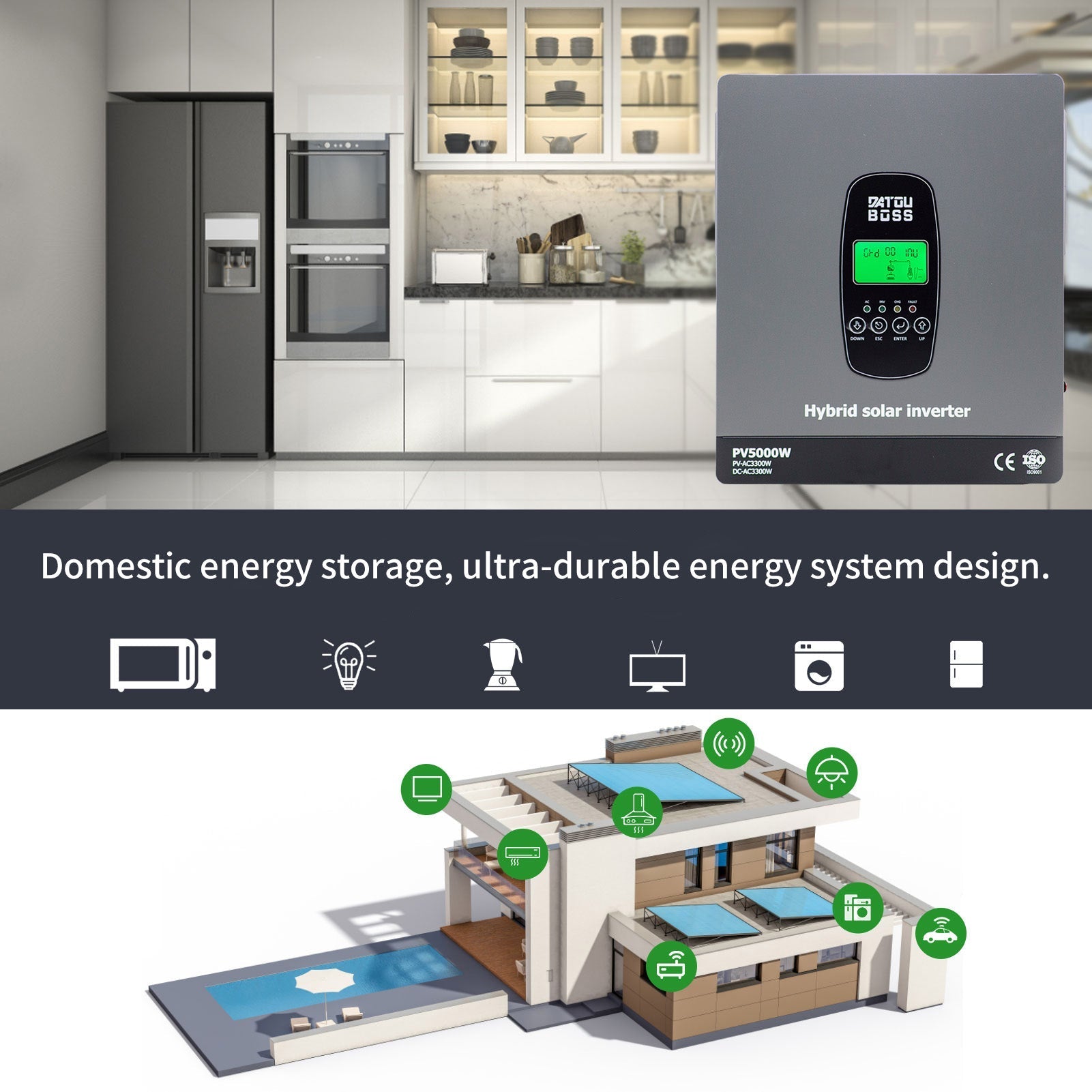 DATOUBOSS 24V 3.3kW 2.56kWh Solar Home Storage Backup Off Grid Kit 100Ah LiFePO4 (2x12V100Ah) + 3300W Hybrid Inverter 150A MPPT Pure Sine Wave, On Grid, 24V DC to 220/230V AC, BMS Protection System, for RV Solar Home System - Xdatou | Rechargeable Lifepo4 Batteries Voltage Converters Inverter