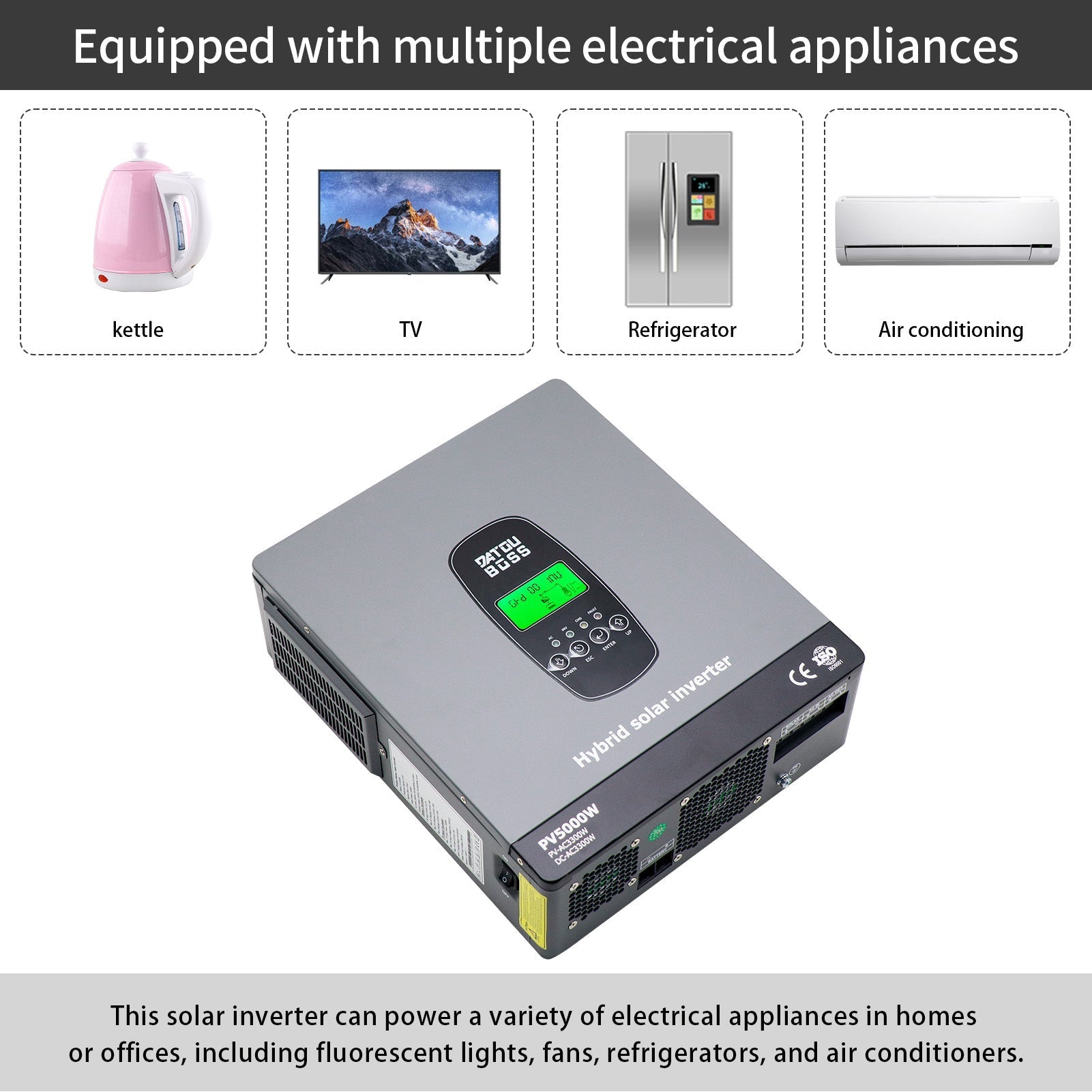 DATOUBOSS 24V 3.3kW 2.56kWh Solar Home Storage Backup Off Grid Kit 100Ah LiFePO4 (2x12V100Ah) + 3300W Hybrid Inverter 150A MPPT Pure Sine Wave, On Grid, 24V DC to 220/230V AC, BMS Protection System, for RV Solar Home System - Xdatou | Rechargeable Lifepo4 Batteries Voltage Converters Inverter