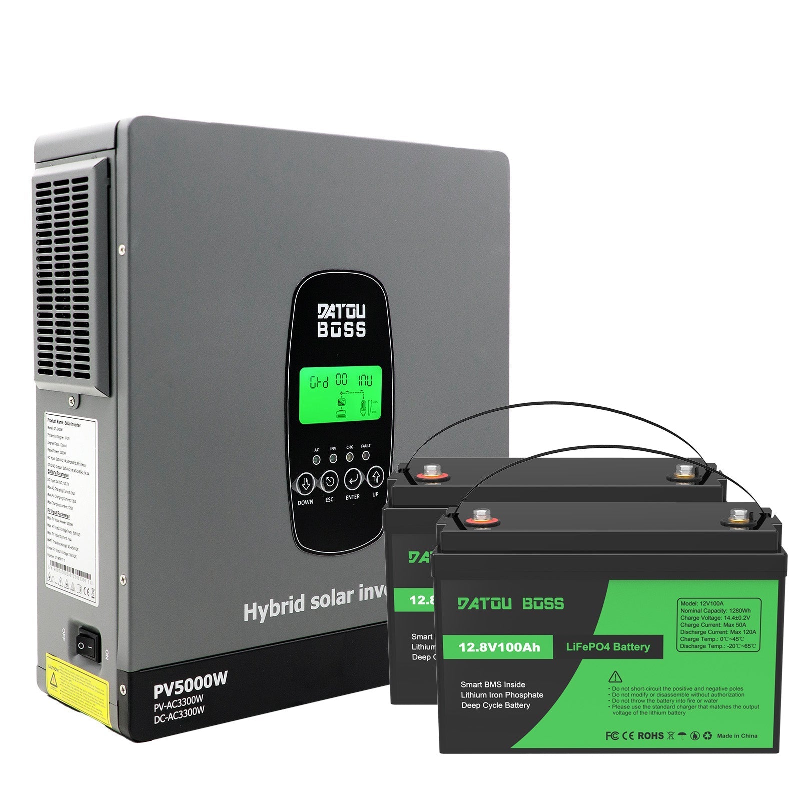 DATOUBOSS 24V 3.3kW 2.56kWh Solar Home Storage Backup Off Grid Kit 100Ah LiFePO4 (2x12V100Ah) + 3300W Hybrid Inverter 150A MPPT Pure Sine Wave, On Grid, 24V DC to 220/230V AC, BMS Protection System, for RV Solar Home System - Xdatou | Rechargeable Lifepo4 Batteries Voltage Converters Inverter Main image