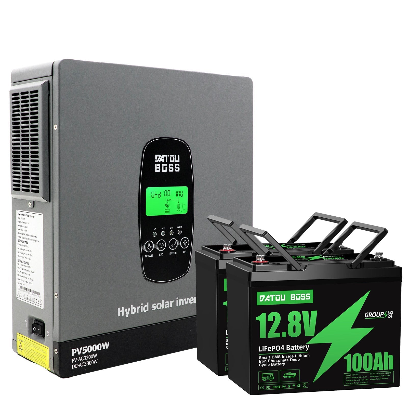 DATOUBOSS 24V 3.3kW 2.56kWh Solar Home Storage Backup Off Grid Kit 100Ah LiFePO4 (2x12V100Ah) + 3300W Hybrid Inverter 150A MPPT Pure Sine Wave, On Grid, 24V DC to 220/230V AC, BMS Protection System, for RV Solar Home System - Xdatou | Rechargeable Lifepo4 Batteries Voltage Converters Inverter Main image
