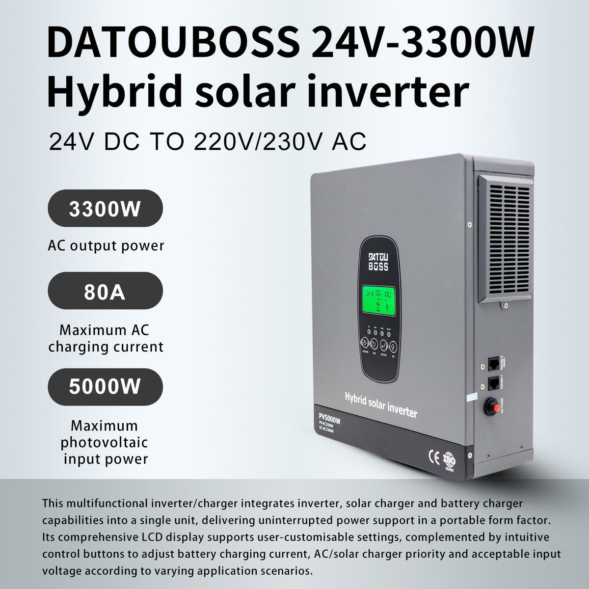 DATOUBOSS 24V 3.3kW 2.56kWh Solar Home Storage Backup Off Grid Kit 100Ah LiFePO4 (2x12V100Ah, EVE cells) + 3300W Hybrid Inverter, 150A MPPT, Pure Sine Wave, On Grid，24V DC to 220/230V AC, BMS Protection, for RV & Home Solar Systems. - Xdatou | Rechargeable Lifepo4 Batteries Voltage Converters Inverter