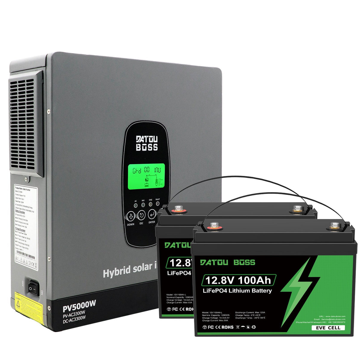 DATOUBOSS 24V 3.3kW 2.56kWh Solar Home Storage Backup Off Grid Kit 100Ah LiFePO4 (2x12V100Ah, EVE cells) + 3300W Hybrid Inverter, 150A MPPT, Pure Sine Wave, On Grid，24V DC to 220/230V AC, BMS Protection, for RV & Home Solar Systems. - Xdatou | Rechargeable Lifepo4 Batteries Voltage Converters Inverter Hauptbild
