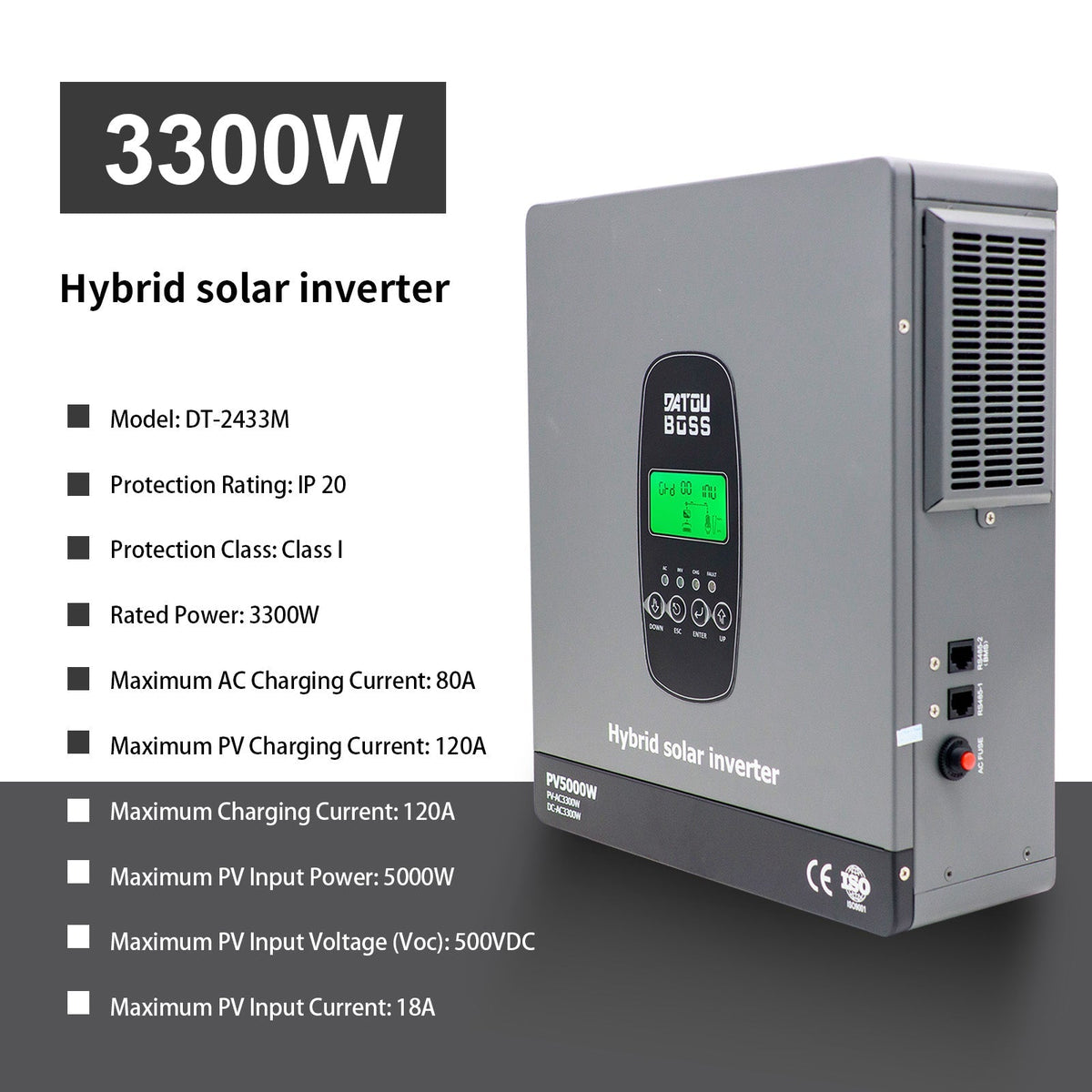 DATOUBOSS 24V 3.3kW 2.56kWh Solar Home Storage Backup Off Grid Kit 100Ah LiFePO4 (2x12V100Ah, EVE cells) + 3300W Hybrid Inverter, 150A MPPT, Pure Sine Wave, On Grid，24V DC to 220/230V AC, BMS Protection, for RV & Home Solar Systems. - Xdatou | Rechargeable Lifepo4 Batteries Voltage Converters Inverter
