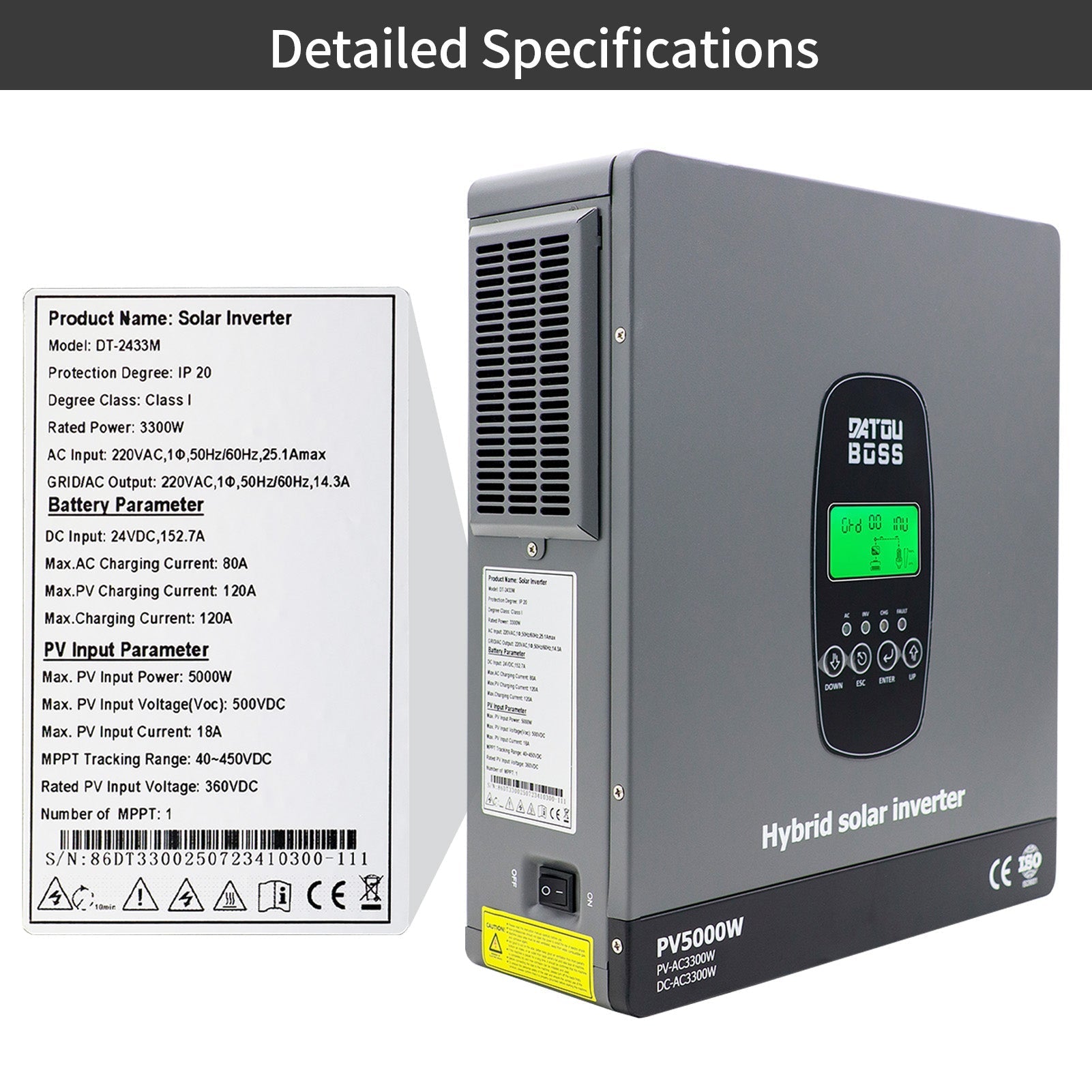 DATOUBOSS 24V 3.3kW 7.68kWh Solar Home Storage Backup Off Grid Kit 300Ah LiFePO4 (2x12V300Ah) + 3300W Hybrid Inverter 150A MPPT Pure Sine Wave, 24V DC to 220/230V AC, BMS Protection System, for RV Solar Home System - Xdatou | Rechargeable Lifepo4 Batteries Voltage Converters Inverter
