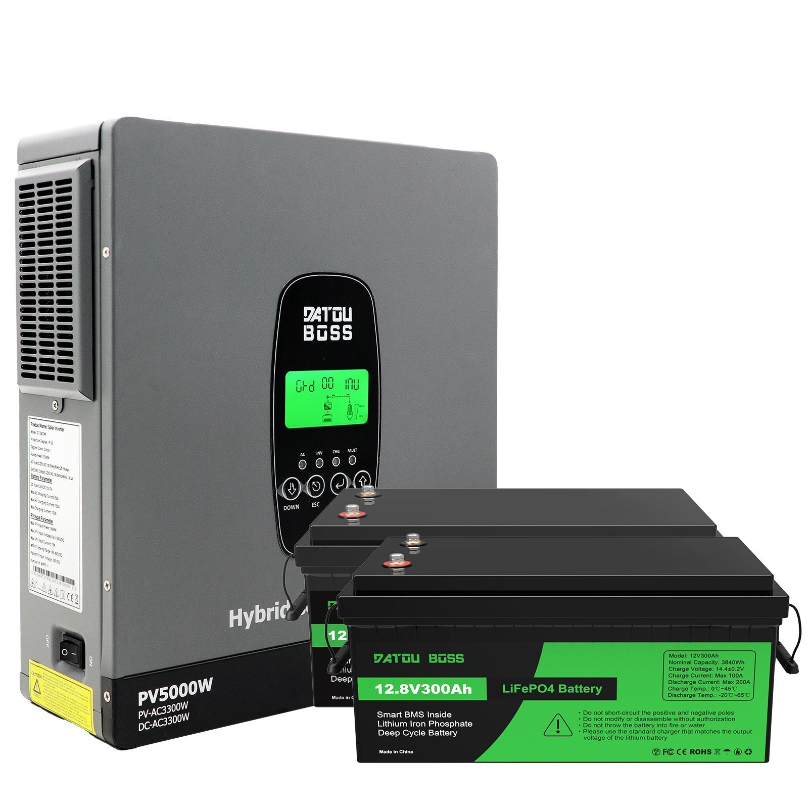 DATOUBOSS 24V 3.3kW 7.68kWh Solar Home Storage Backup Off Grid Kit 300Ah LiFePO4 (2x12V300Ah) + 3300W Hybrid Inverter 150A MPPT Pure Sine Wave, 24V DC to 220/230V AC, BMS Protection System, for RV Solar Home System - Xdatou | Rechargeable Lifepo4 Batteries Voltage Converters Inverter