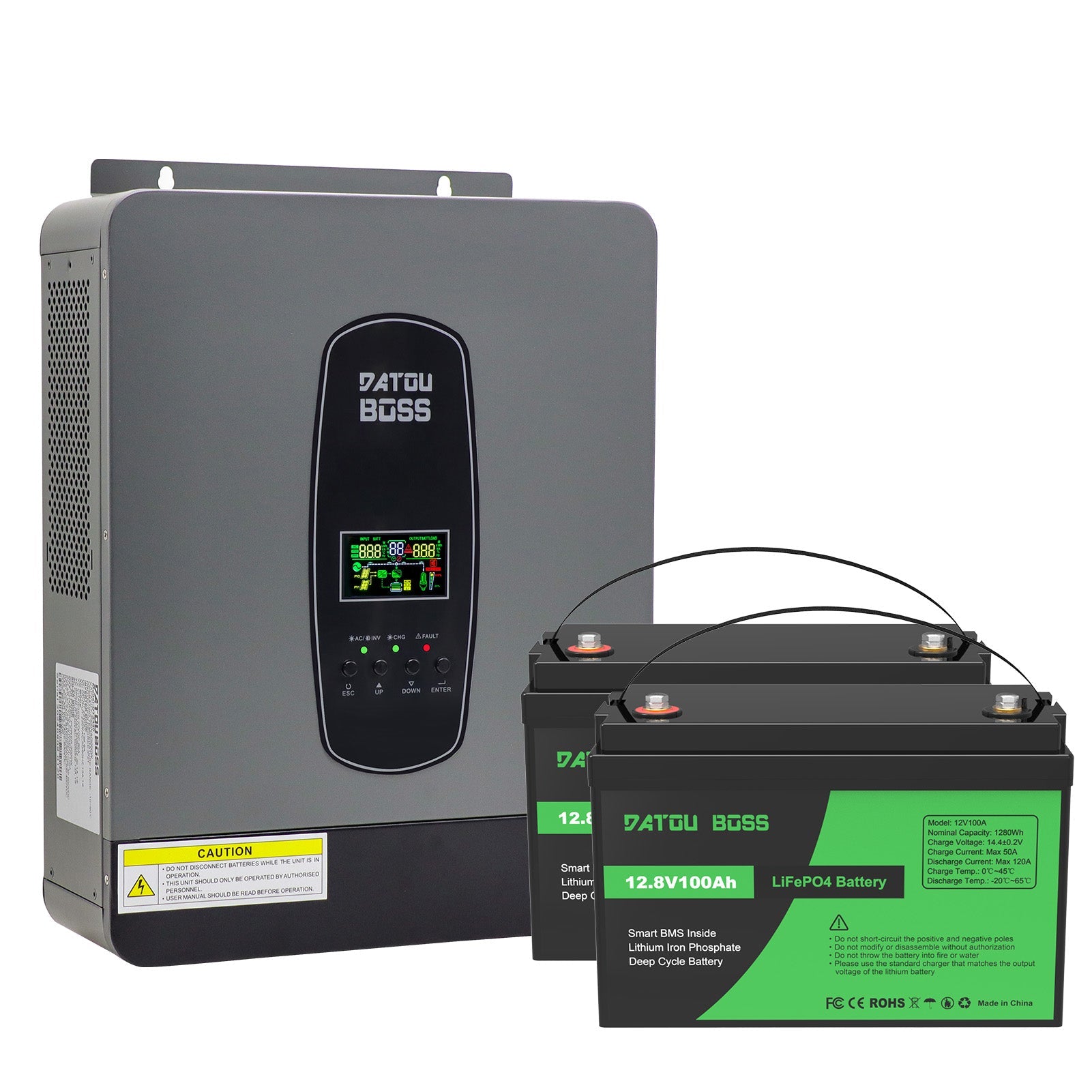 DATOUBOSS 3000W Hybrid Inverter 24V to 230V & 2.56kWh LiFePO4 Battery Kit (2x12V100Ah), for Home Energy Storage Main image