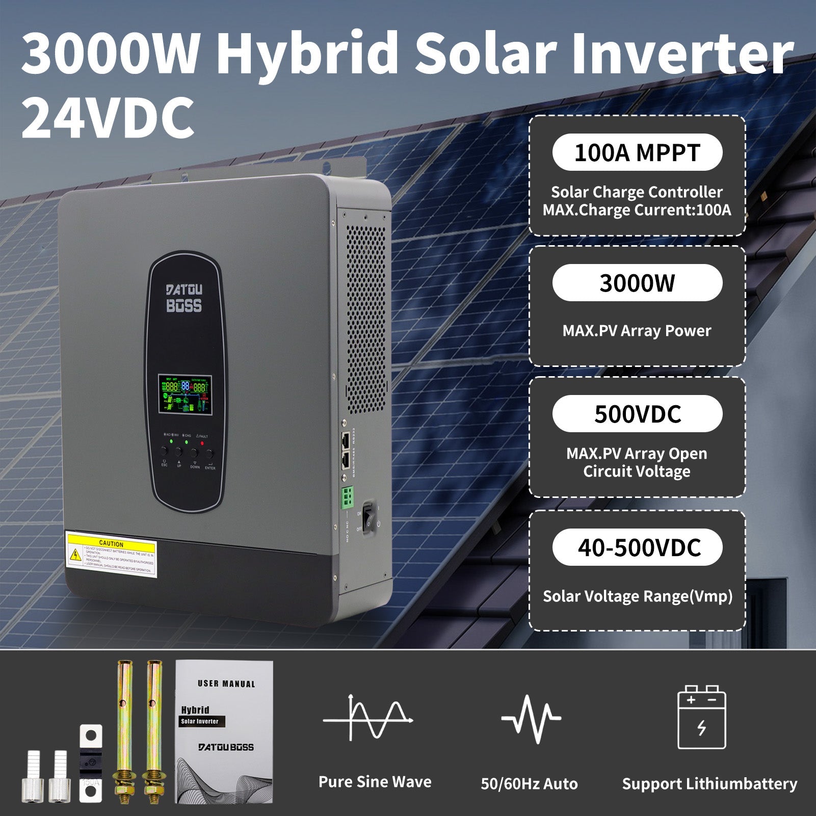 DATOUBOSS 24V 3kW Hybrid Invertr & 2.56kWh LiFePO4 Battery Combo Kit (2x12V100Ah), for outdoor camping and off-grid cabins.