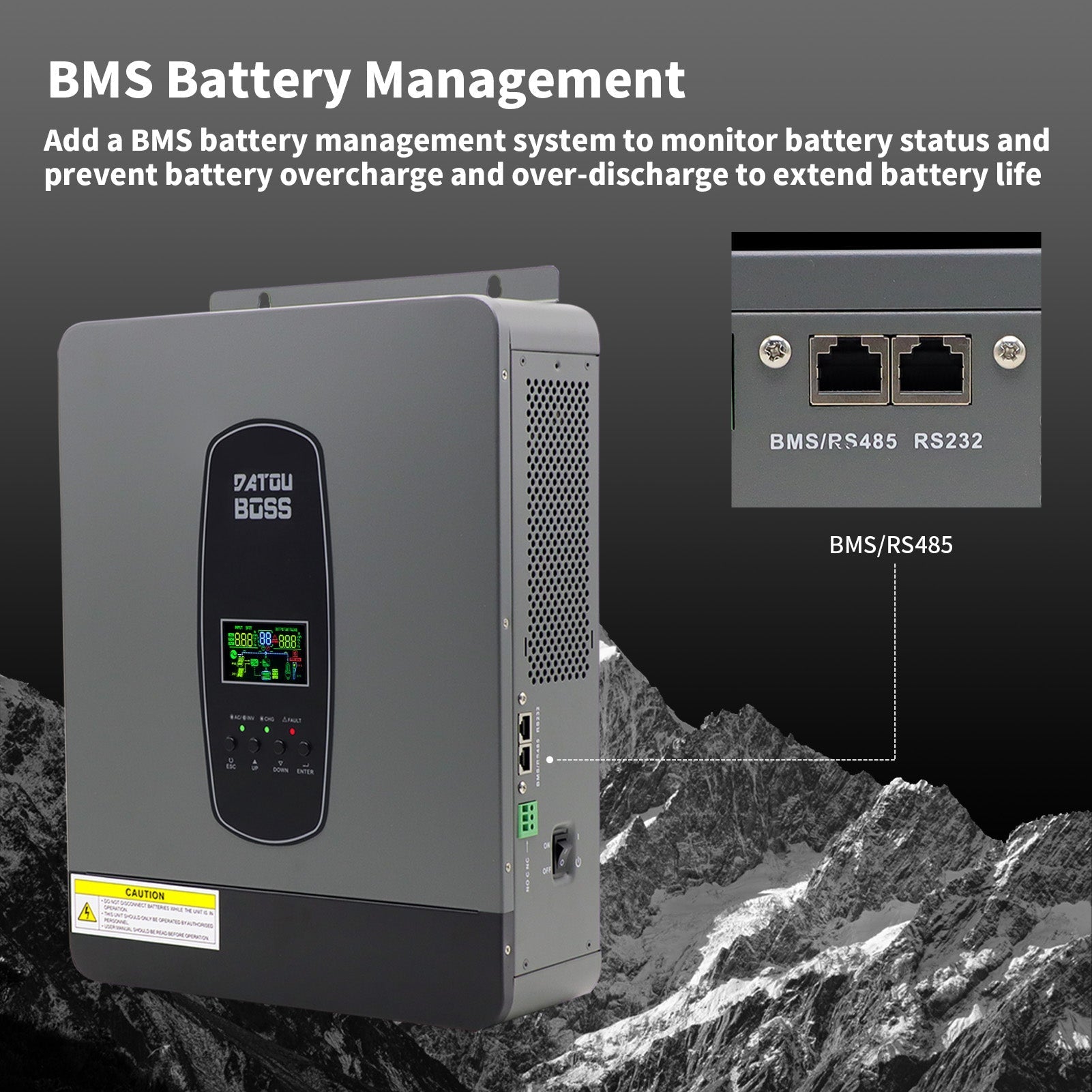 DATOUBOSS 24V 3kW Hybrid Invertr & 2.56kWh LiFePO4 Battery Combo Kit (2x12V100Ah), for outdoor camping and off-grid cabins.