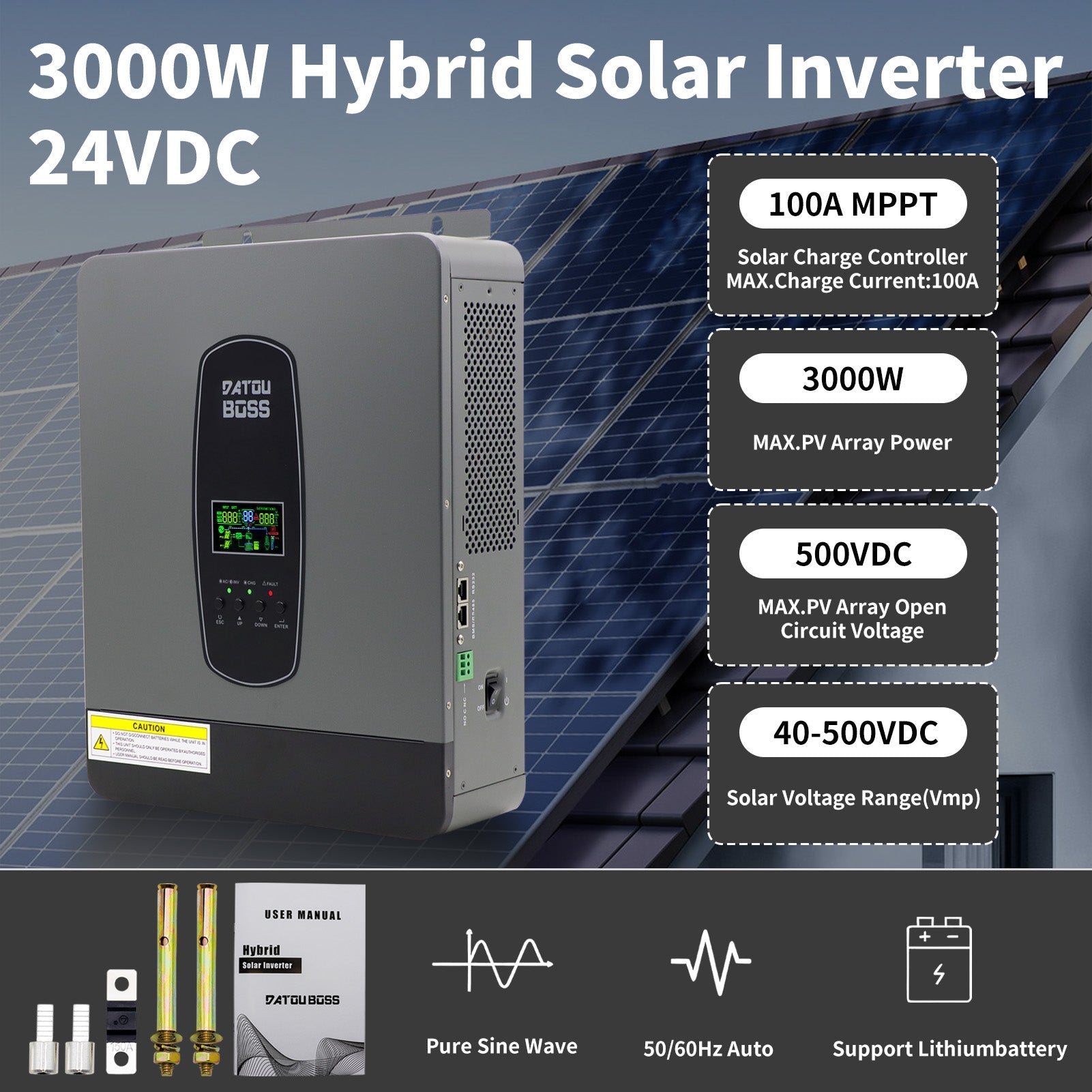 DATOUBOSS 3000W Hybrid Inverter 24V, Hybrid Solar Inverter 24V Pure Sine Wave 24V DC to 220/230V AC, BMS Protection System, with 100A MPPT for Lead Acid and Lithium Batteries(Compatible with WiFi 04) Secondary image