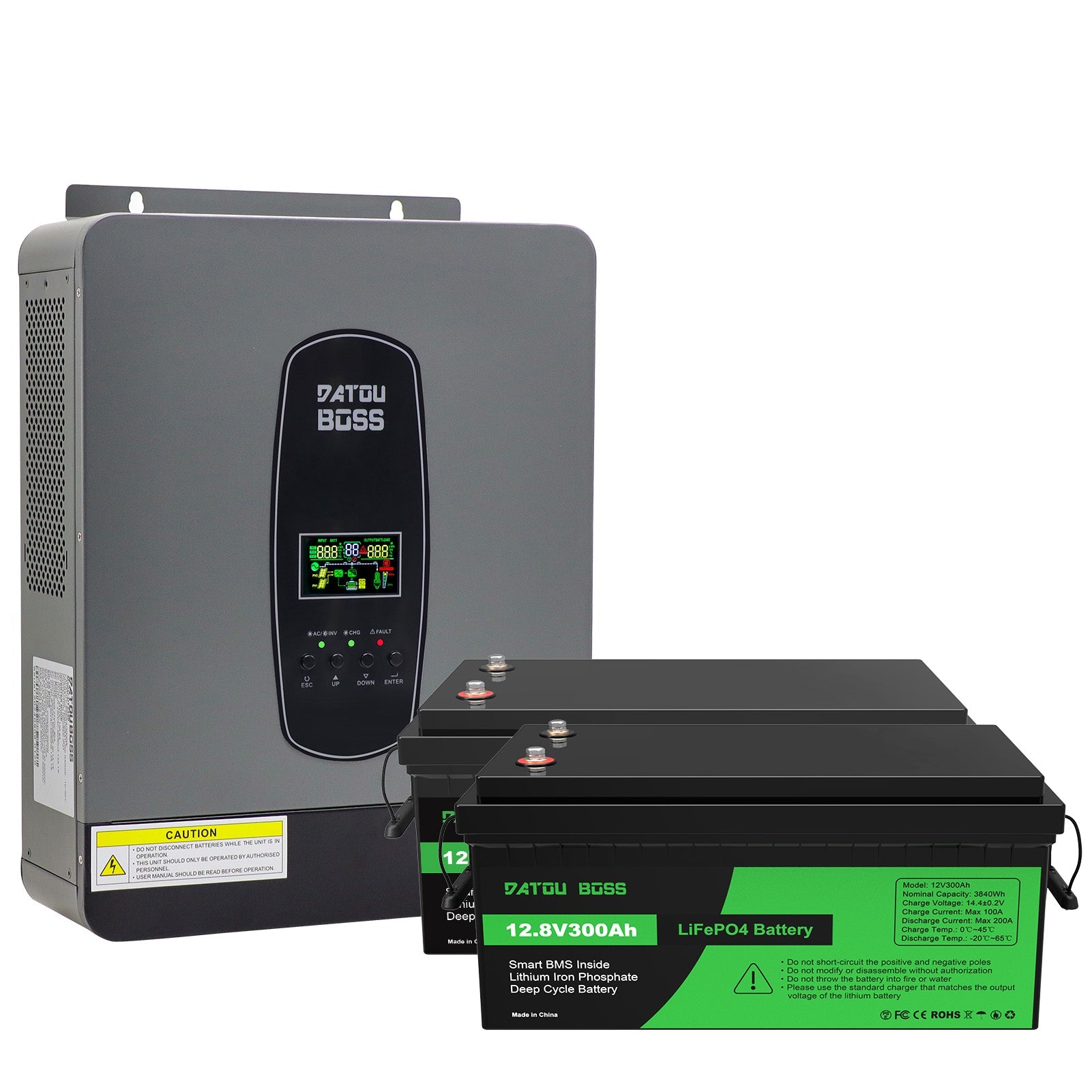 DATOUBOSS 3000W Hybrid Inverter 24V-230V & 7.68kWh LiFePO4 Battery Kit (2x12V300Ah)  with 100A MPPT, for Solar System Main image