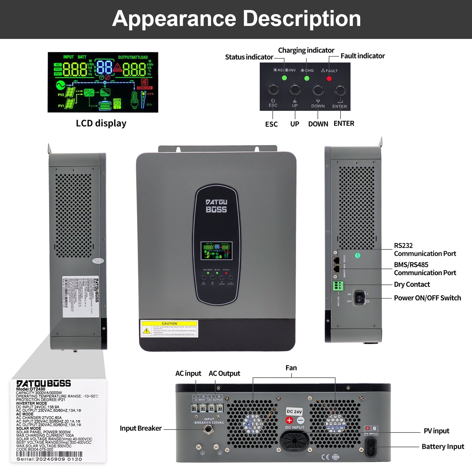 DATOUBOSS 24V 3kW Hybrid Invertr & 2.56kWh LiFePO4 Battery Combo Kit (2x12V100Ah), for outdoor camping and off-grid cabins.
