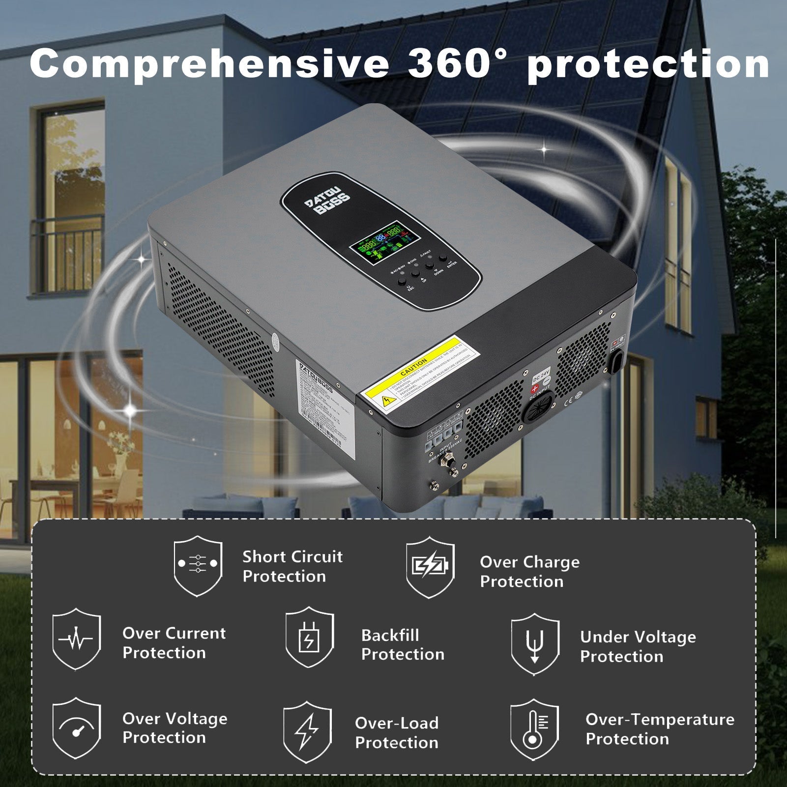 DATOUBOSS 24V 3kW Hybrid Invertr & 2.56kWh LiFePO4 Battery Combo Kit (2x12V100Ah), for outdoor camping and off-grid cabins.