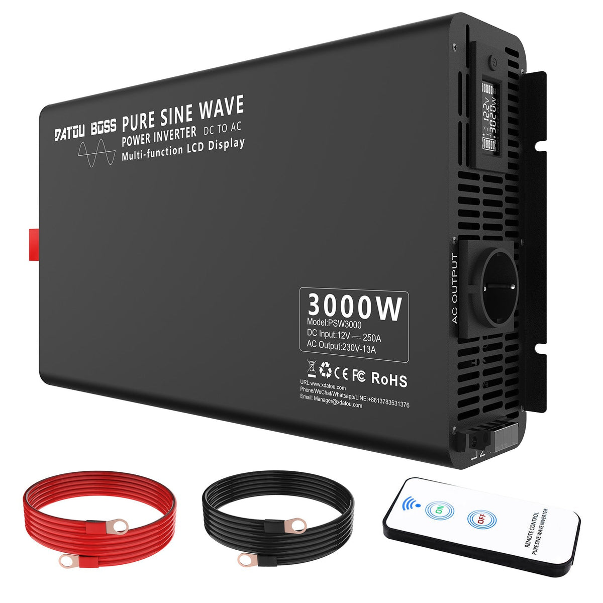 DATOUBOSS 3000W Pure Sine Wave Inverter, 12V to 230V AC Voltage Converter, Peak Power 6000W with 1 EU Plug, LCD Display and Radio Remote Control for Trucks, Motorhomes, Home, Camping, Household - Xdatou Main image