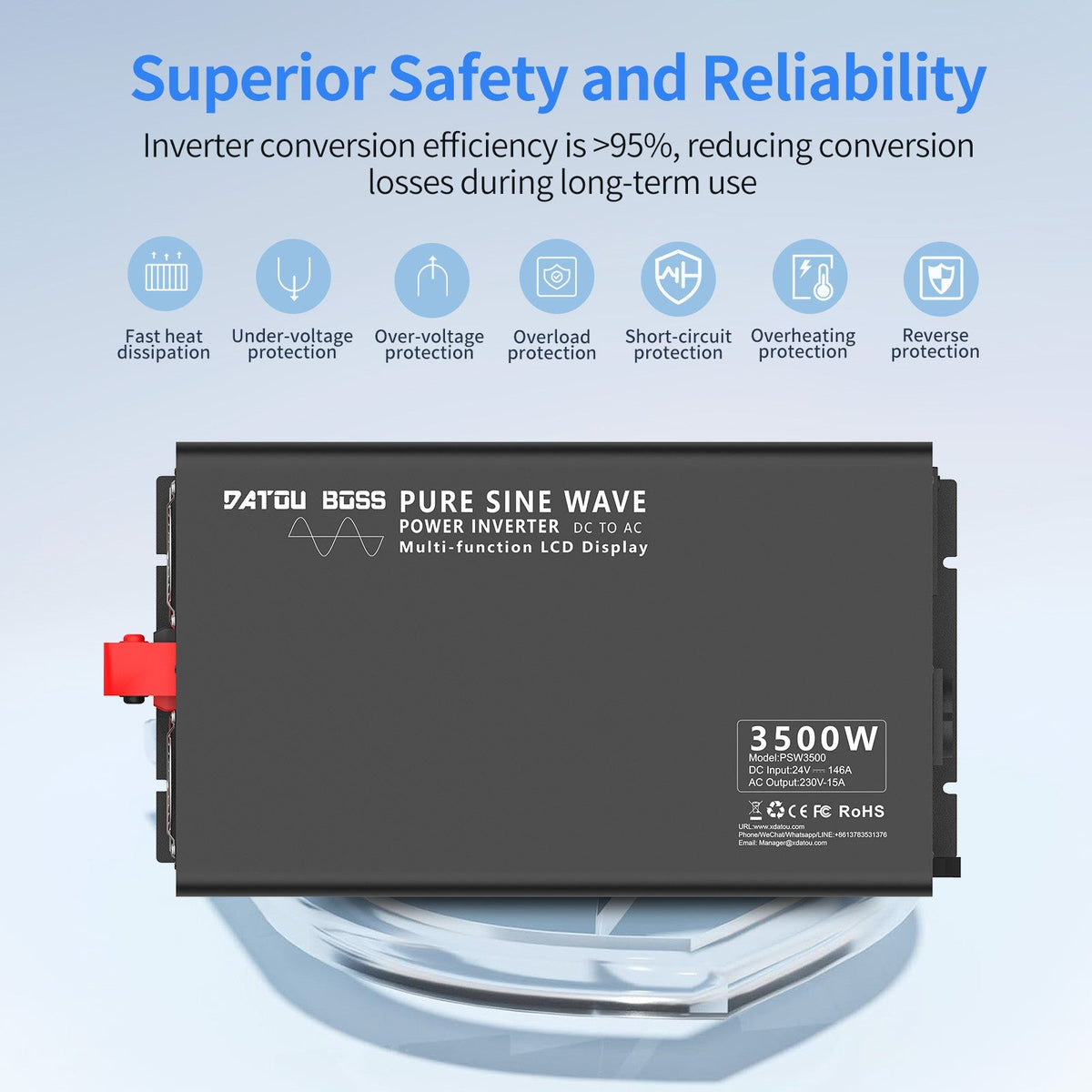 DATOUBOSS 3000W Pure Sine Wave Inverter, 12V to 230V AC Voltage Converter, Peak Power 6000W with 1 EU Plug, LCD Display and Radio Remote Control for Trucks, Motorhomes, Home, Camping, Household - Xdatou