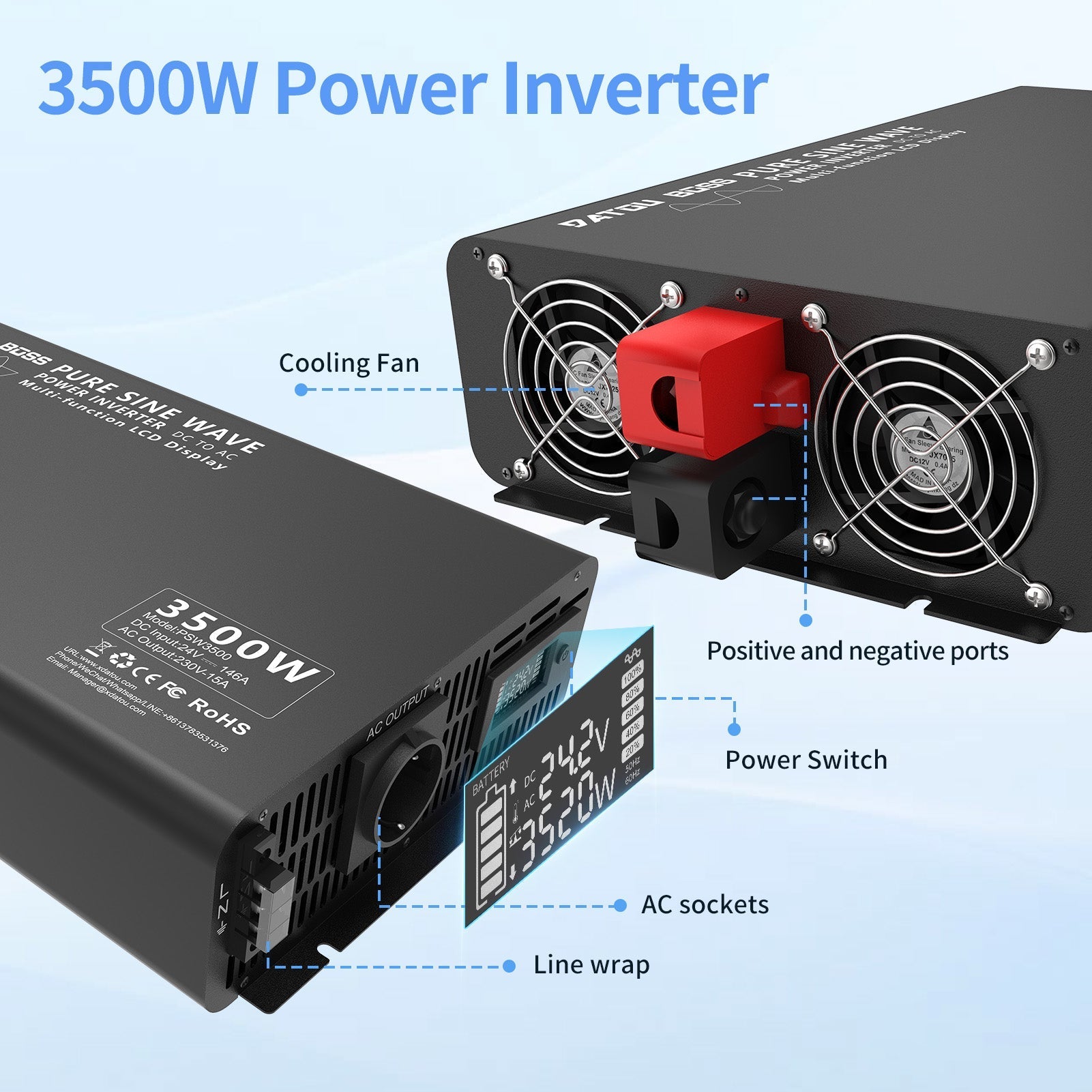 DATOUBOSS 3000W Pure Sine Wave Inverter, 12V to 230V AC Voltage Converter, Peak Power 6000W with 1 EU Plug, LCD Display and Radio Remote Control for Trucks, Motorhomes, Home, Camping, Household Secondary image