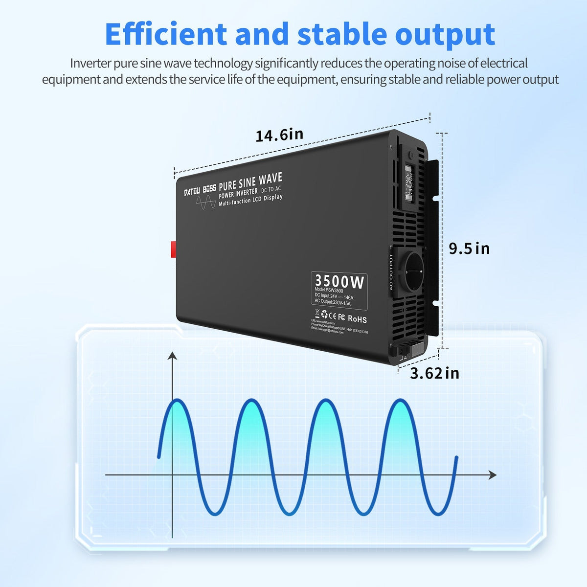 DATOUBOSS 3000W Pure Sine Wave Inverter, 12V to 230V AC Voltage Converter, Peak Power 6000W with 1 EU Plug, LCD Display and Radio Remote Control for Trucks, Motorhomes, Home, Camping, Household - Xdatou