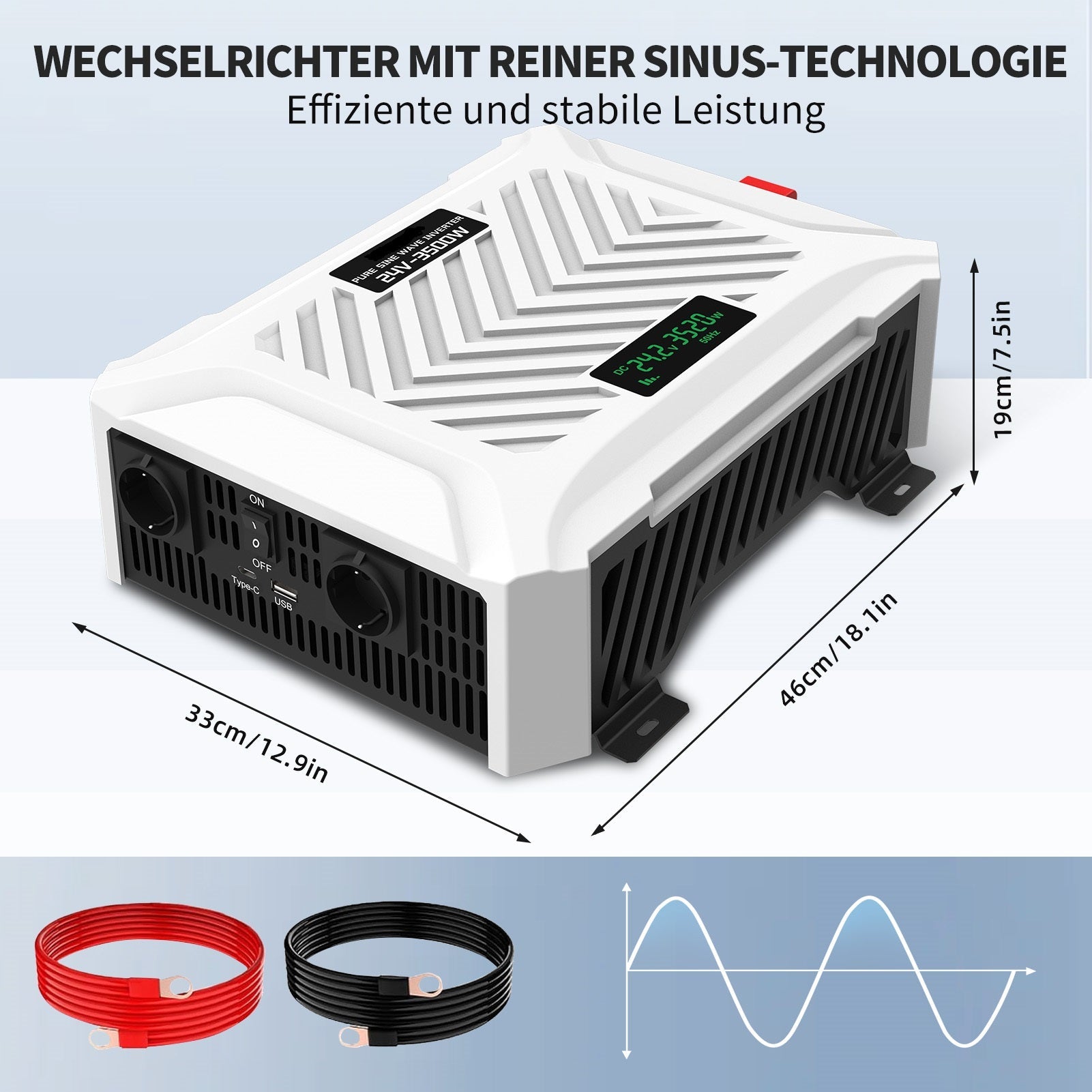 DATOUBOSS 3500W Pure Sine Wave Inverter, 24V to 230V, 7000W peak power, with LCD Display&2 EU Socket for RV car home off-grid