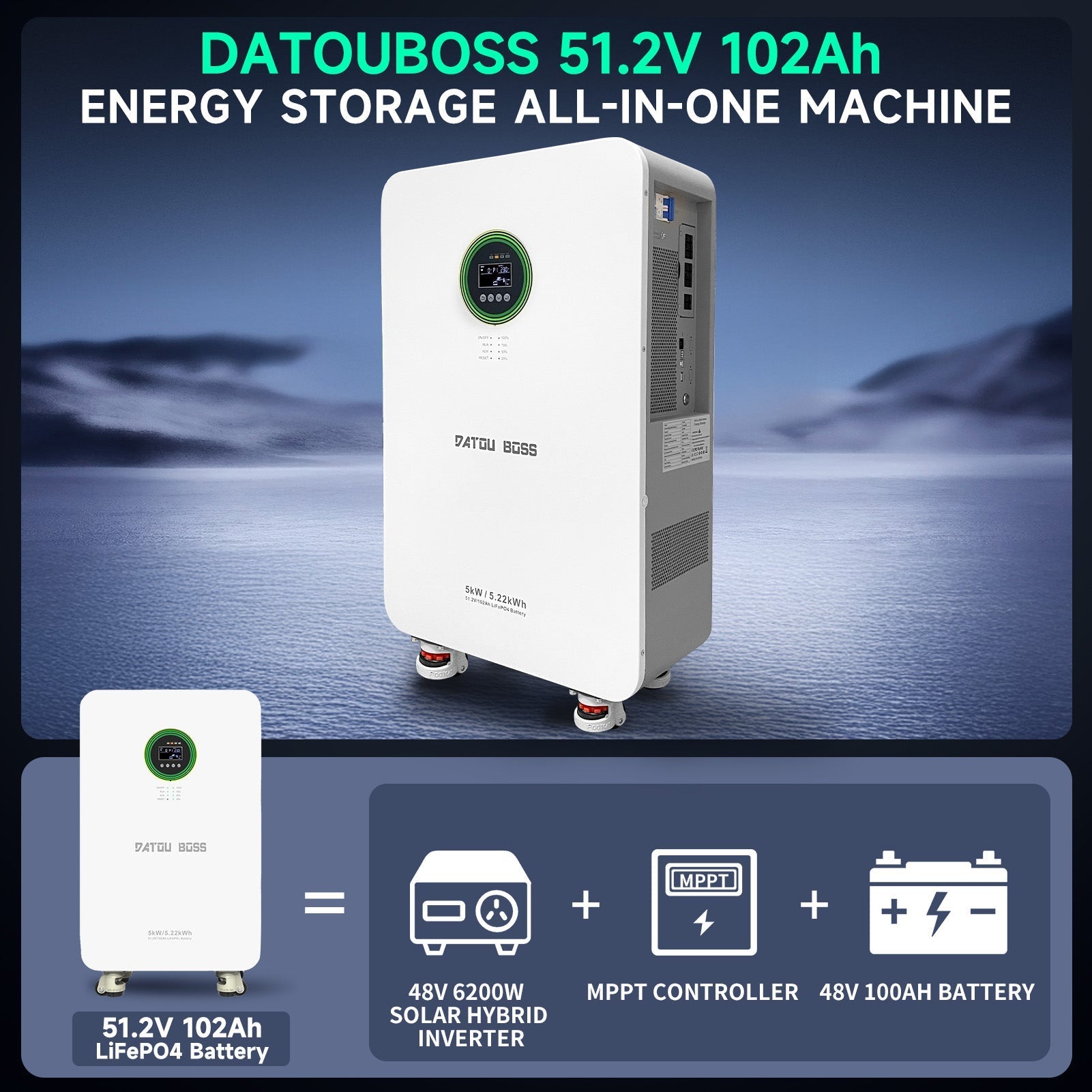 DATOUBOSS AIO System, 48V 5000W Hybrid Inverter + 102Ah LiFePO4 Battery Portable Power Supply for offgrid