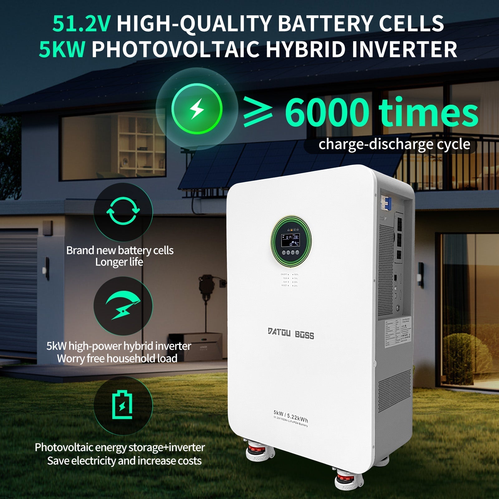 DATOUBOSS AIO System, 48V 5000W Hybrid Inverter + 102Ah LiFePO4 Battery Portable Power Supply for home energy storage