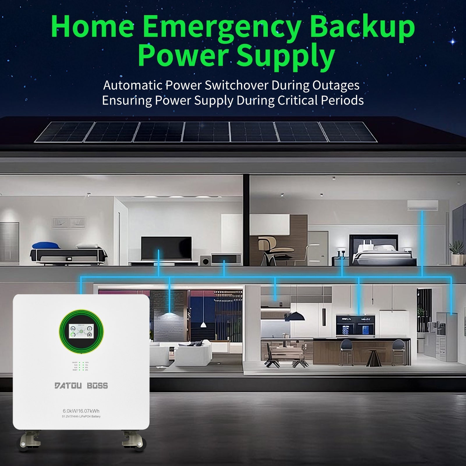DATOUBOSS All in one System, 48V 6000W Hybrid Inverter + 314Ah LiFePO4 Battery Portable Power Supply for off-grid System