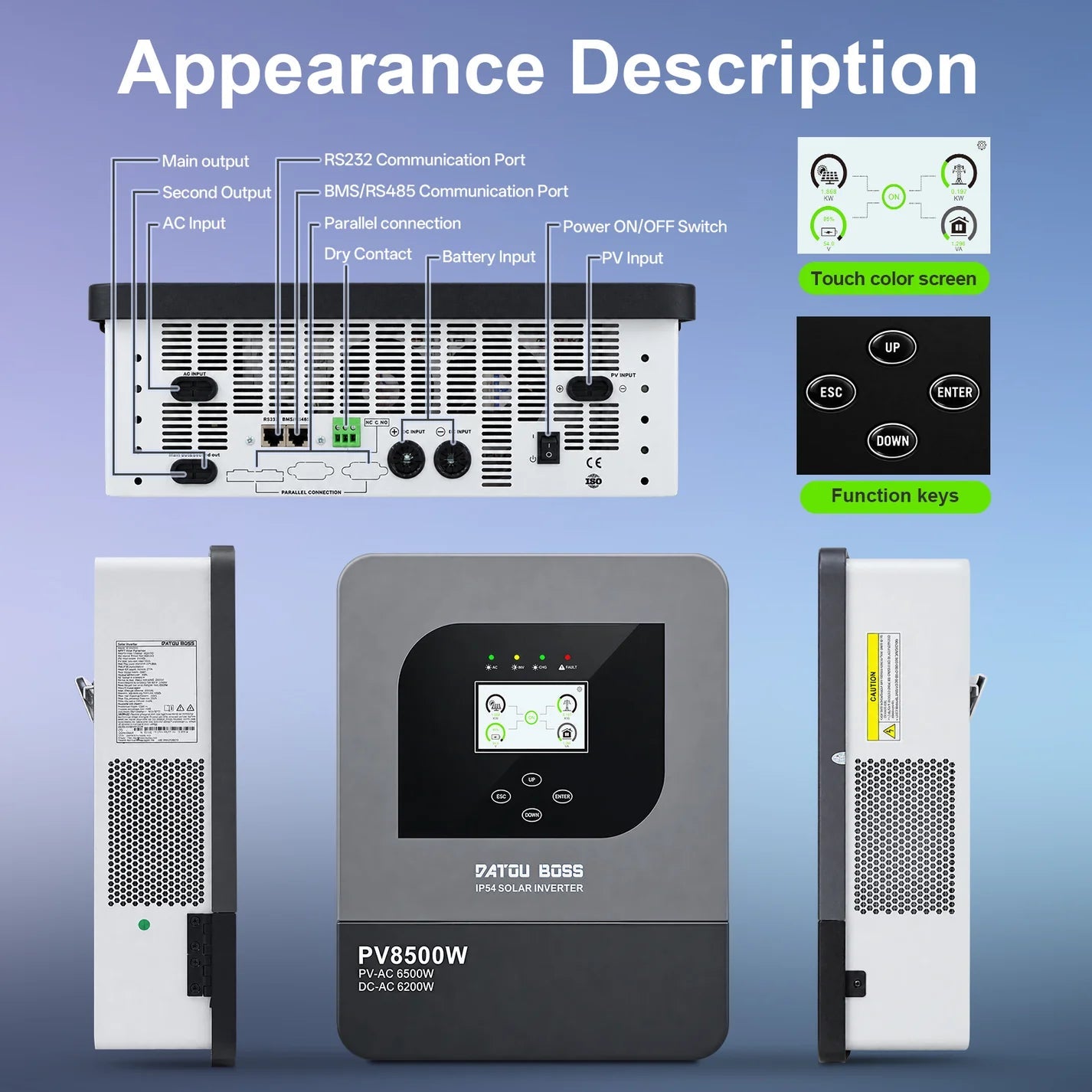 DATOUBOSS 48V 6200W Solar Hybrid Inverter, 230V AC Output, IP54 Dust and Water Protection, 120A MPPT, 8500W Maximum PV Input, Battery-Free Operation, BMS Protection, Compatible with WiFi 04 Secondary image