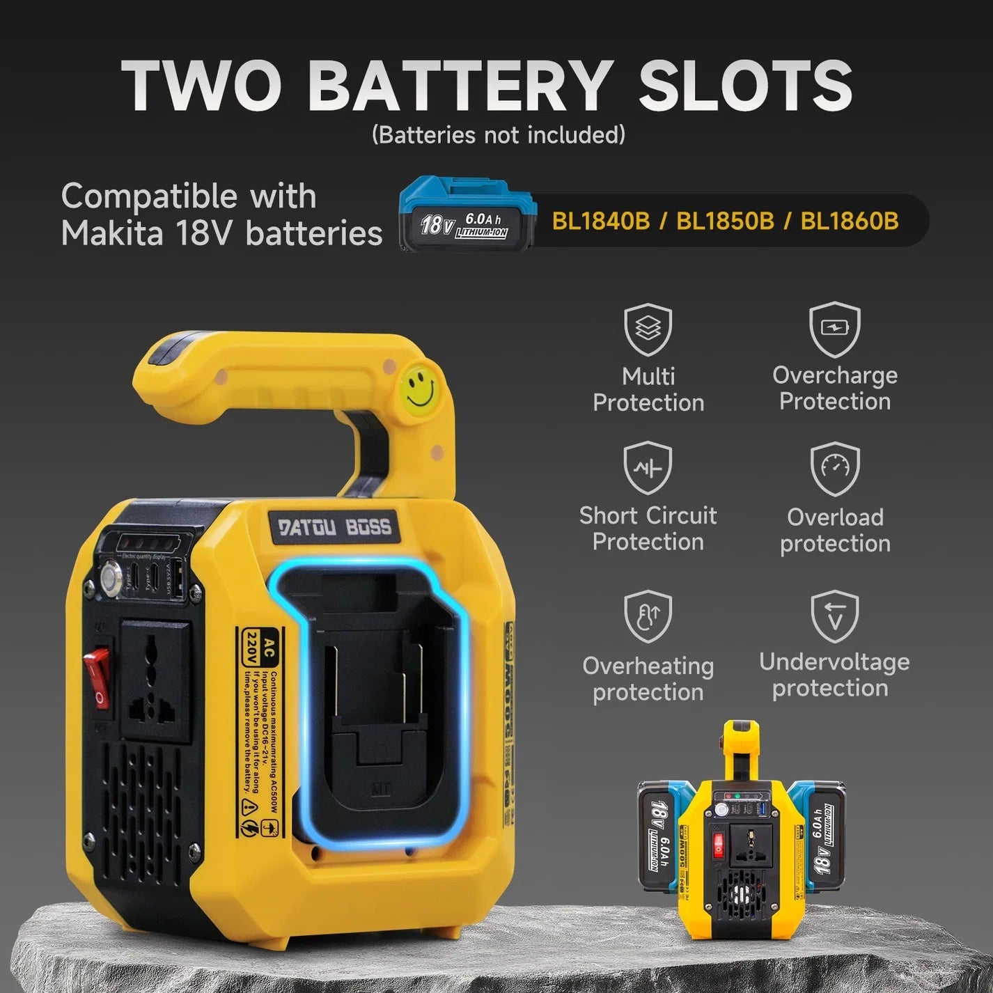 DATOUBOSS 500W Portable Mul-Function Inverter, Mul AC/DC outputs, dual battery slots, 500lm LED. - Xdatou | Rechargeable Lifepo4 Batteries Voltage Converters Inverter