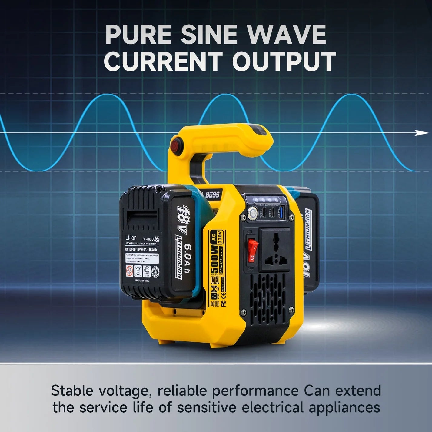 DATOUBOSS 500W Portable Mul-Function Inverter, Mul AC/DC outputs, dual battery slots, 500lm LED. - Xdatou | Rechargeable Lifepo4 Batteries Voltage Converters Inverter