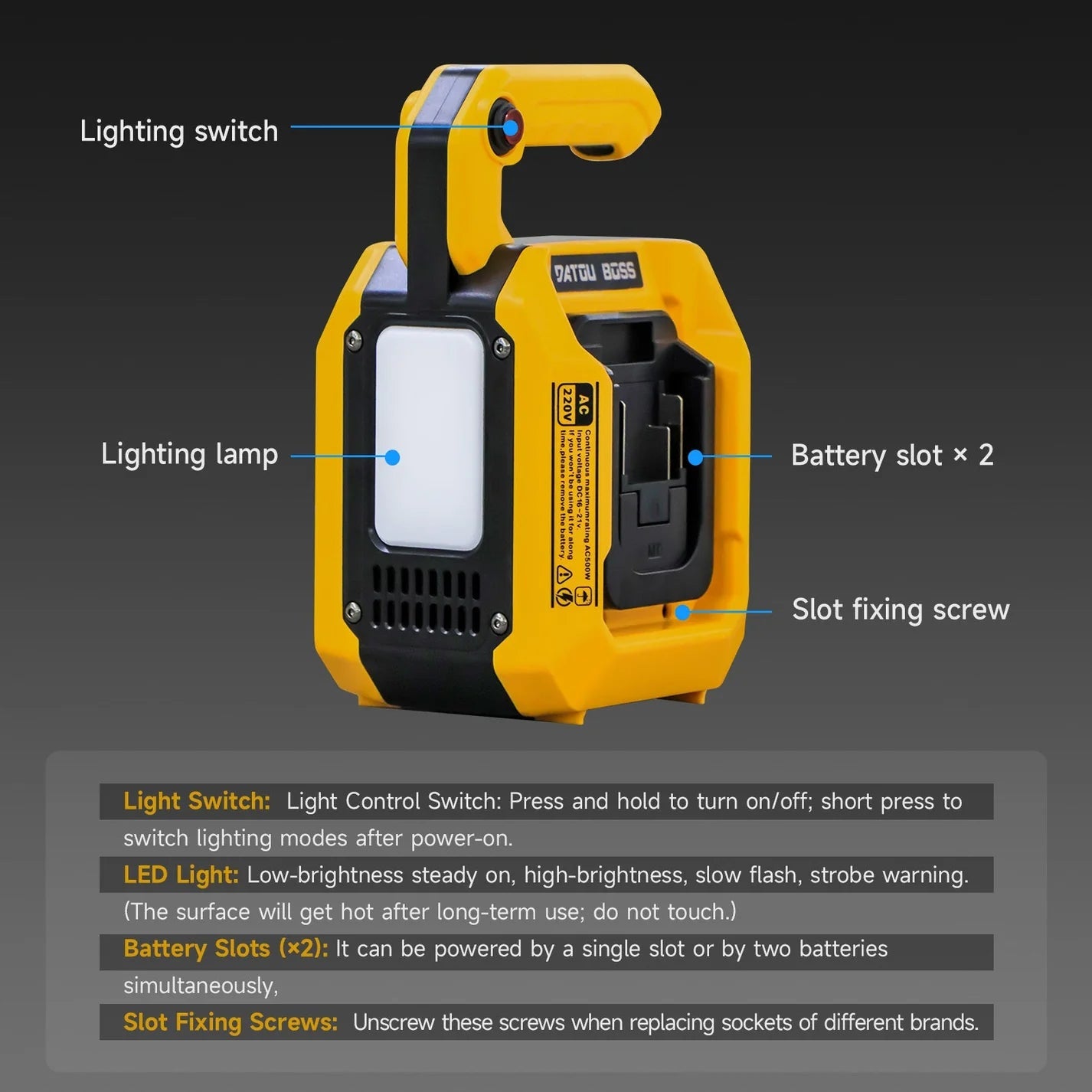 DATOUBOSS 500W Portable Mul-Function Inverter, Mul AC/DC outputs, dual battery slots, 500lm LED. - Xdatou | Rechargeable Lifepo4 Batteries Voltage Converters Inverter