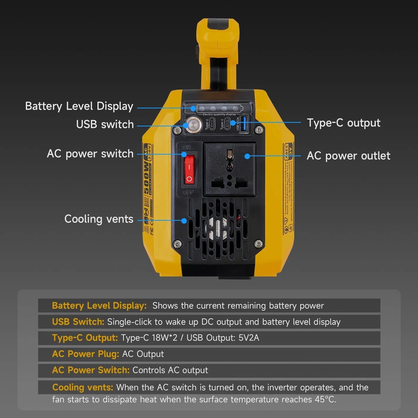 DATOUBOSS 500W Portable Mul-Function Inverter, Mul AC/DC outputs, dual battery slots, 500lm LED. - Xdatou | Rechargeable Lifepo4 Batteries Voltage Converters Inverter